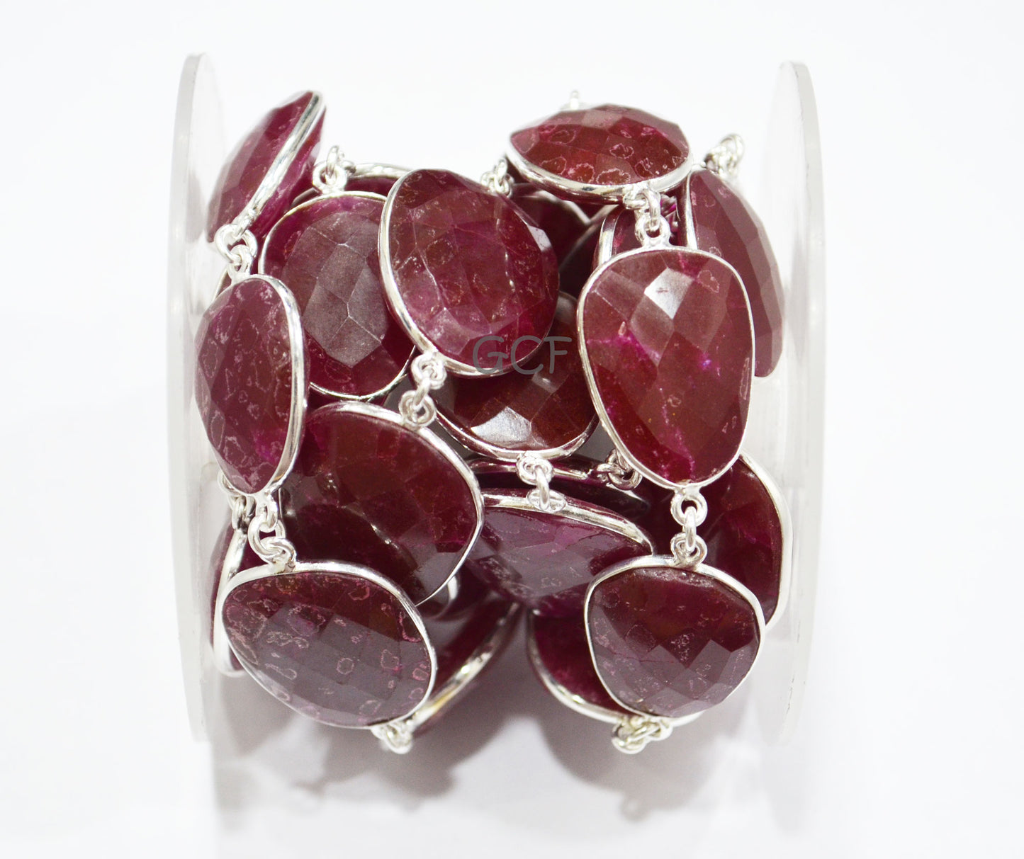 Dyed Ruby Quartz Faceted Slice Shape Connector Chain , Dyed Ruby Quartz Free Form Shape Bezel Link Chain , 15x19 - 21x25 mm , RB-7051