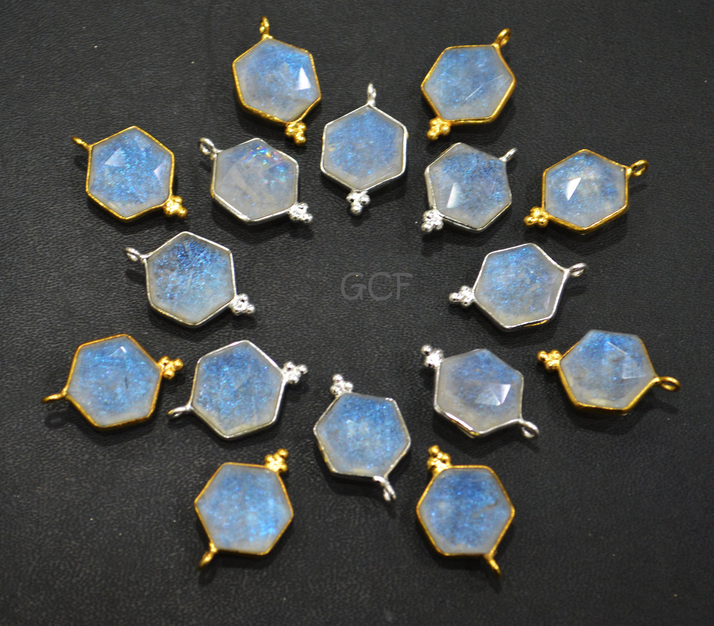 Rainbow Natural Quartz Doublet Faceted Hexagon Shape Connector , Rainbow Natural Quartz Doublet Single Bail Connector , Sold By Piece , 13 mm , RB-7052