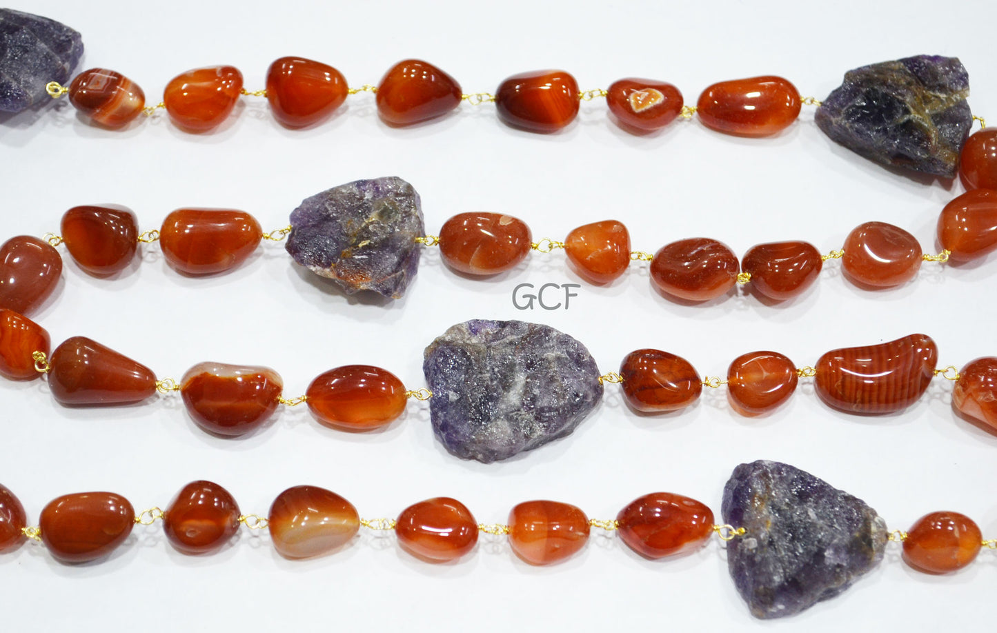 Carnelian Smooth Nuggets Shape Rosary Beaded Chain , Amethyst Raw Nuggets Shape Wire Wrapped Chain , 12x13 - 14x19 mm , RB-7078