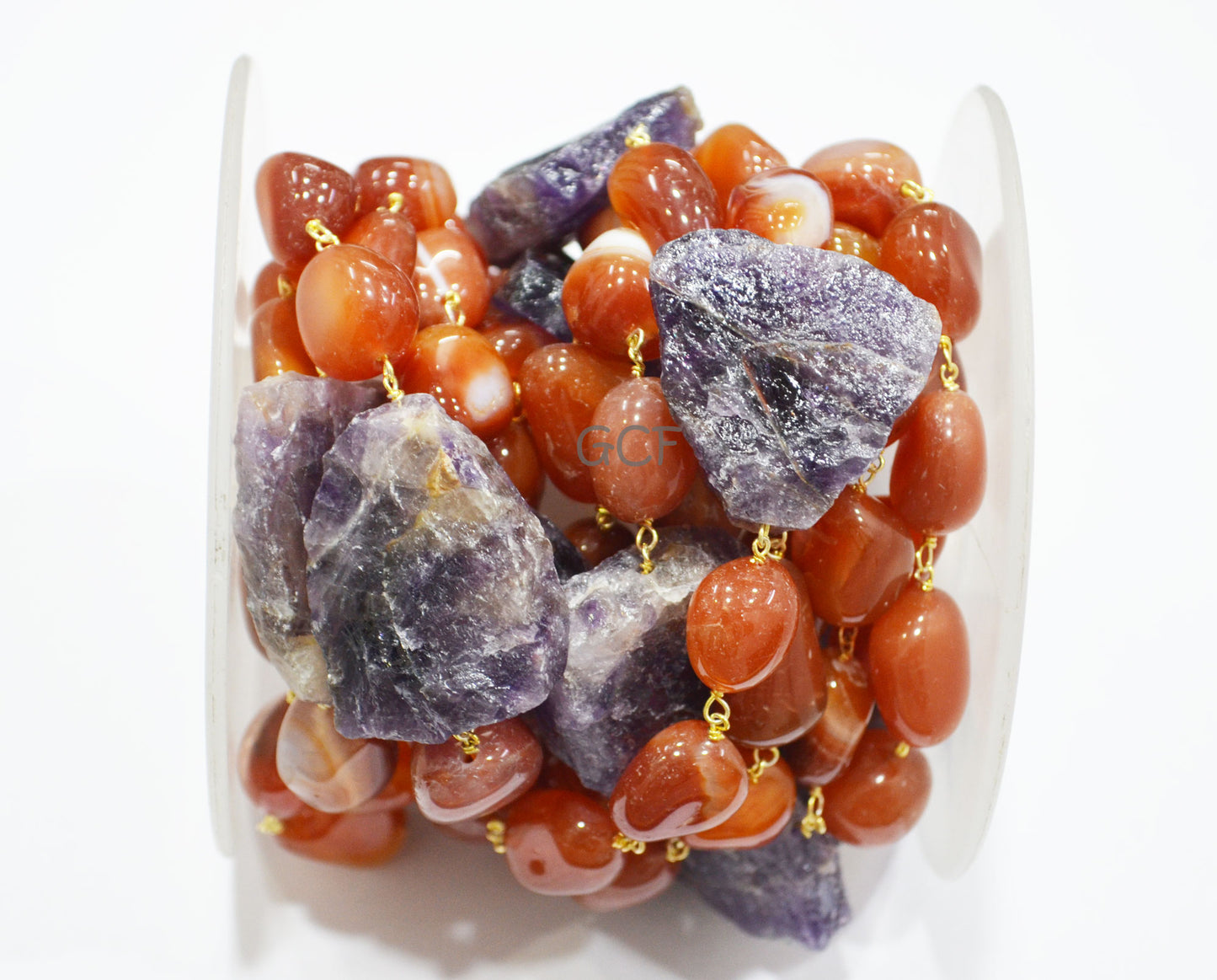 Carnelian Smooth Nuggets Shape Rosary Beaded Chain , Amethyst Raw Nuggets Shape Wire Wrapped Chain , 12x13 - 14x19 mm , RB-7078