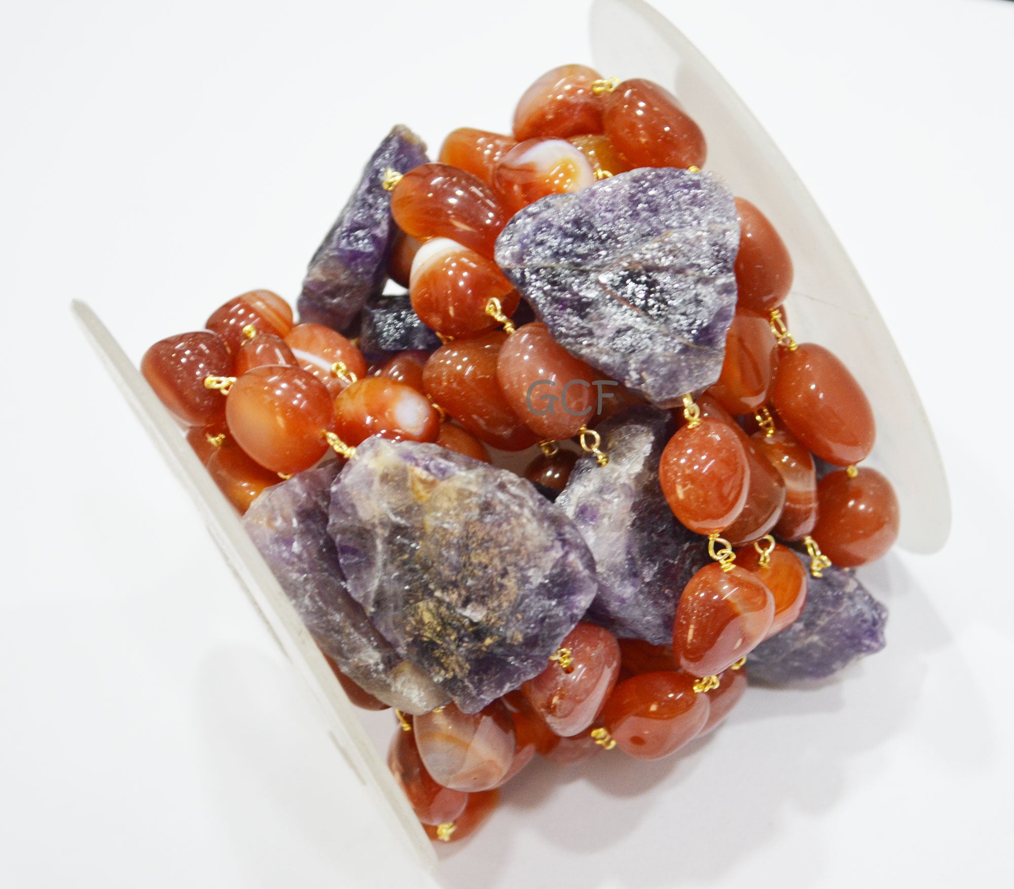 Carnelian Smooth Nuggets Shape Rosary Beaded Chain , Amethyst Raw Nuggets Shape Wire Wrapped Chain , 12x13 - 14x19 mm , RB-7078