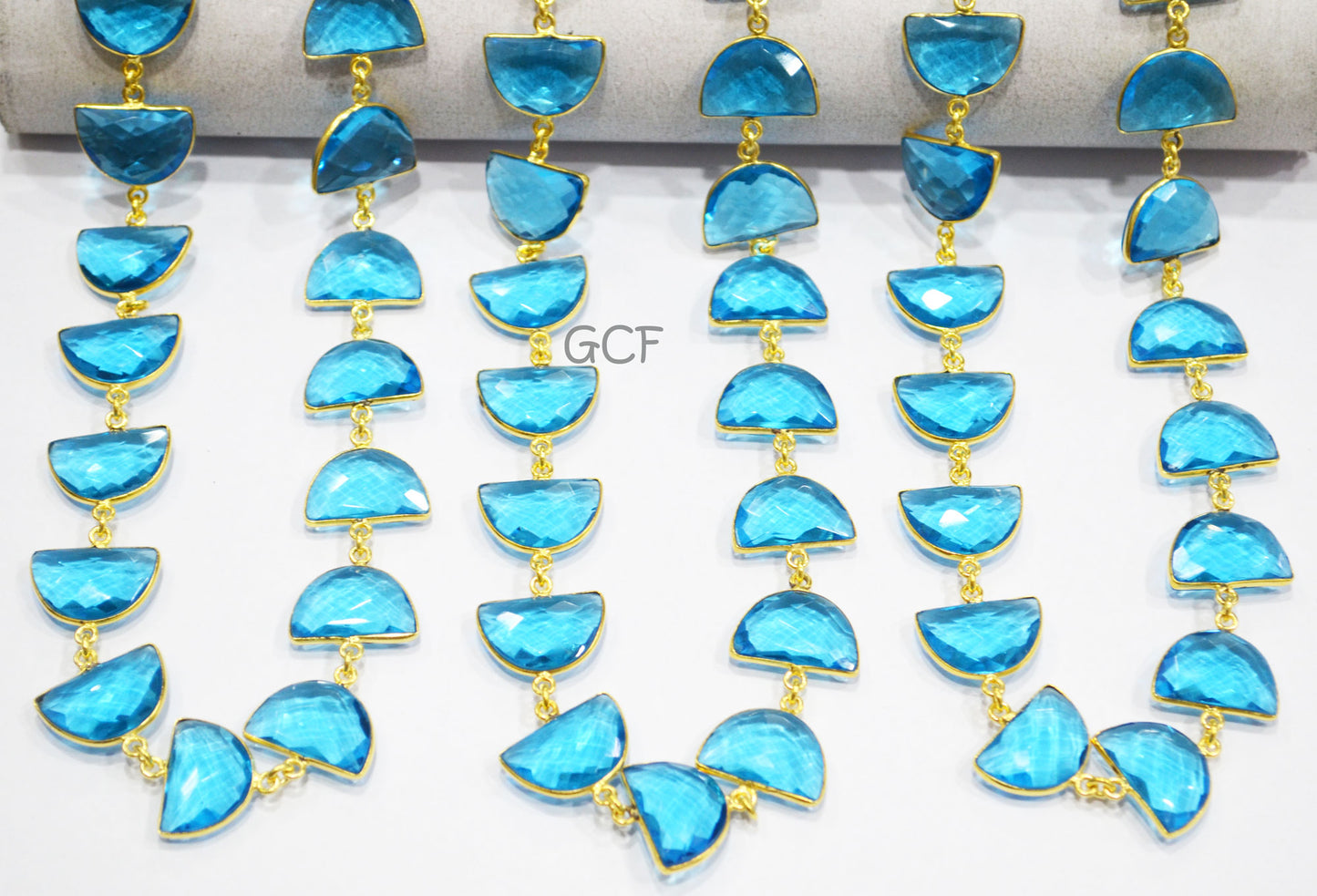 Swiss Blue Hydro Quartz Faceted Half Moon Shape Connector Chain , Swiss Blue Hydro Glass Bezel Link Chain , 13x19 mm , RB-7079