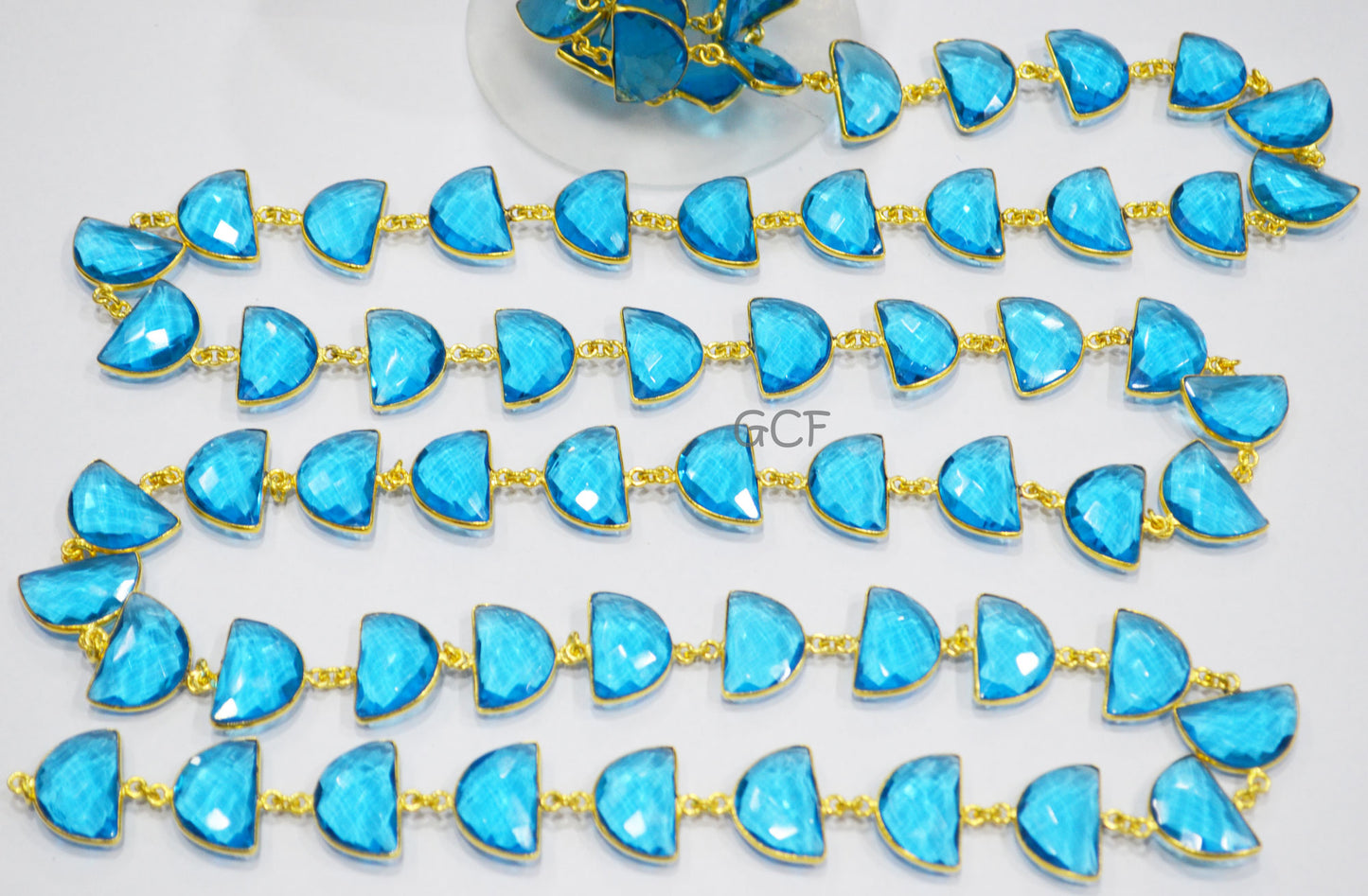 Swiss Blue Hydro Quartz Faceted Half Moon Shape Connector Chain , Swiss Blue Hydro Glass Bezel Link Chain , 13x19 mm , RB-7079