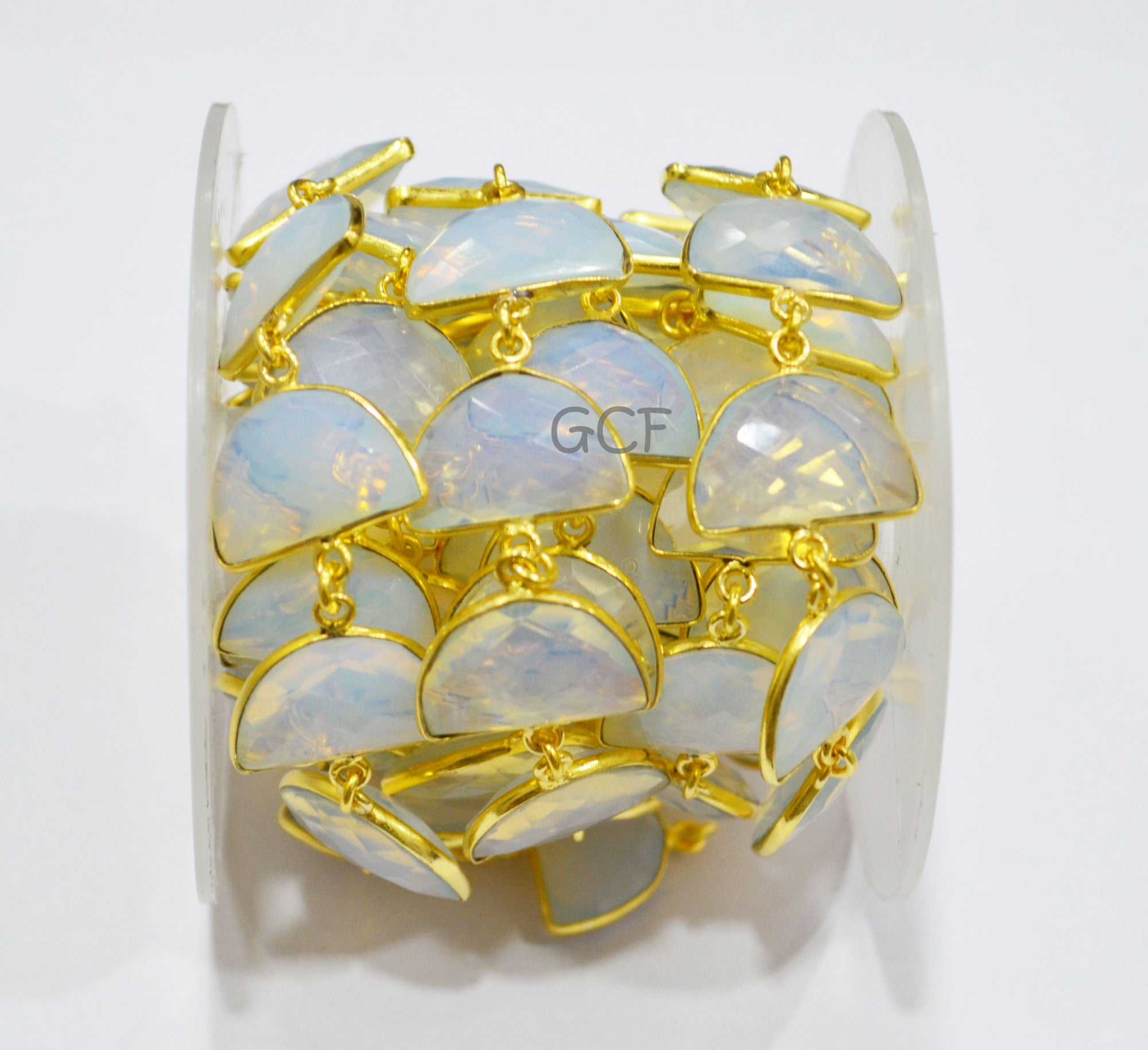Opalite Hydro Quartz Faceted Half Moon Shape Connector Chain , Opalite Hydro Glass Half Moon Shape Bezel Link Chain , 13x19 mm , RB-7080