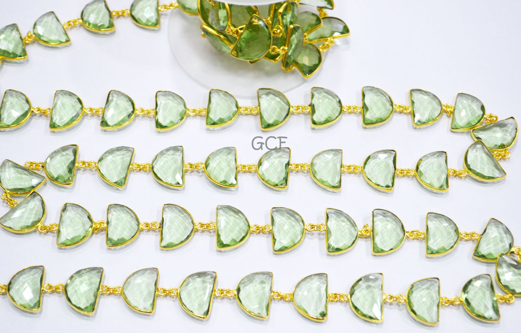 Green Amethyst Hydro Quartz Faceted Half Moon Shape Connector Chain , Green Amethyst Hydro Quartz Bezel Link Chain , 13x19 mm , RB-7081