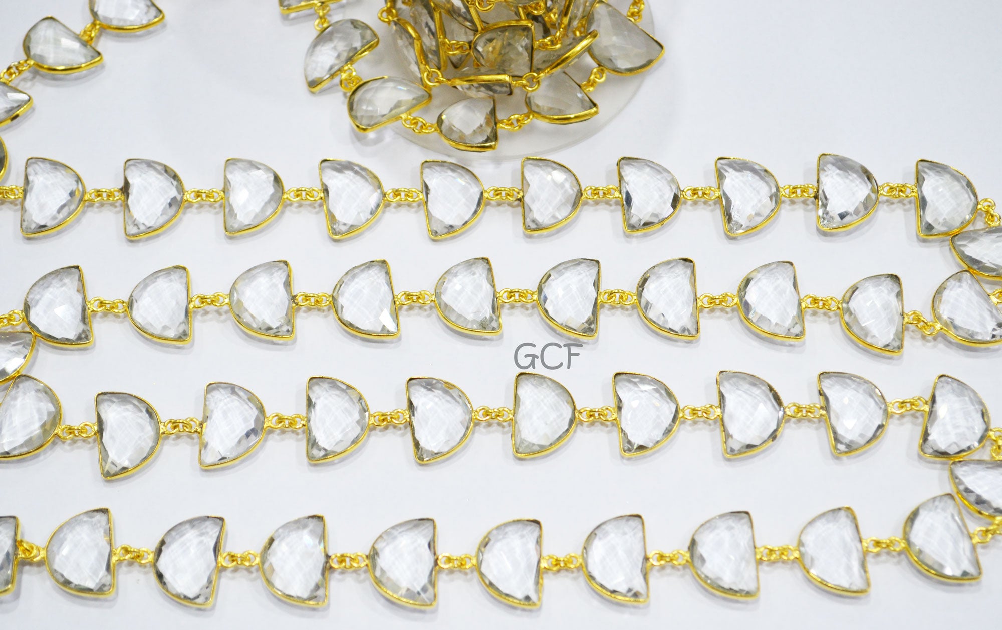 Crystal Hydro Quartz Faceted Half Moon Shape Connector Chain , Crystal Hydro Quartz Half Moon Shape Bezel Link Chain , 13x19 mm , RB-7083