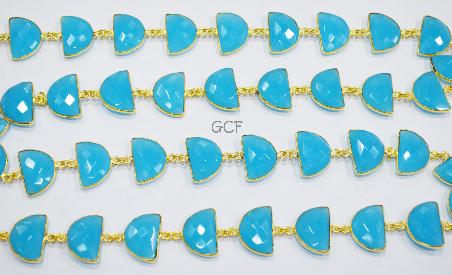 Aqua Blue Hydro Quartz Faceted Half Moon Shape Connector Chain , Aqua Blue Hydro Glass Half Moon Shape Bezel Link Chain , 13x19 mm , RB-7085