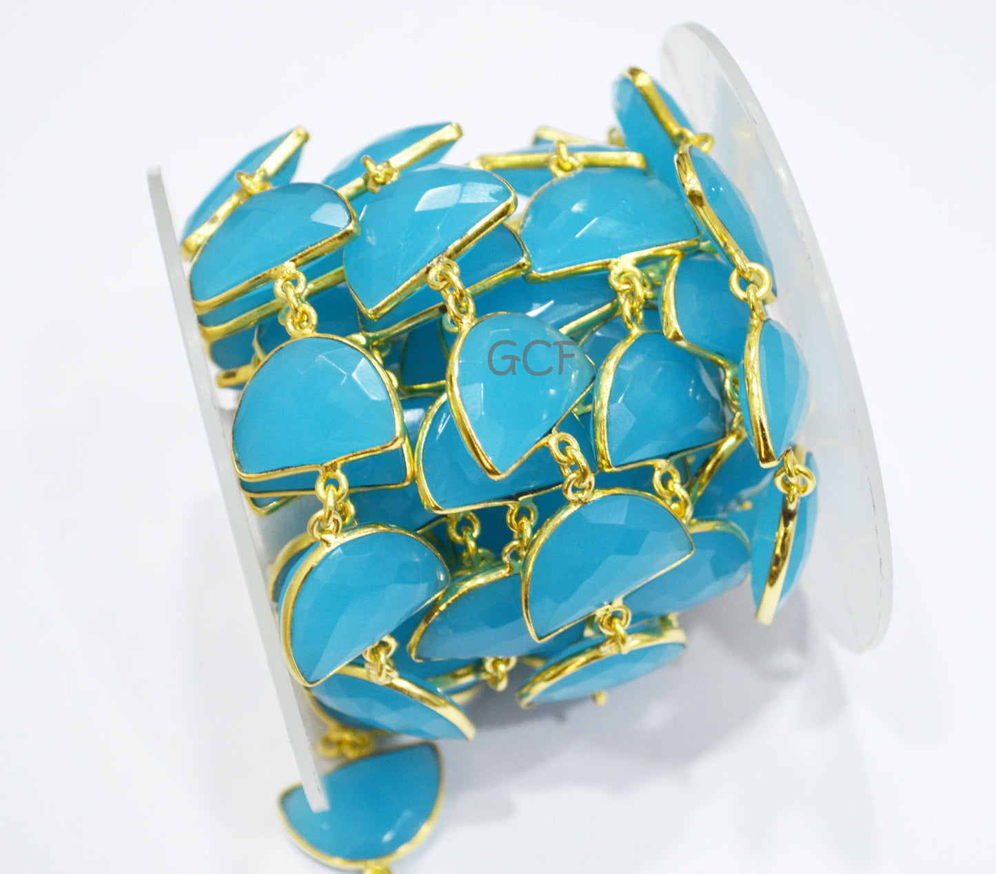 Aqua Blue Hydro Quartz Faceted Half Moon Shape Connector Chain , Aqua Blue Hydro Glass Half Moon Shape Bezel Link Chain , 13x19 mm , RB-7085