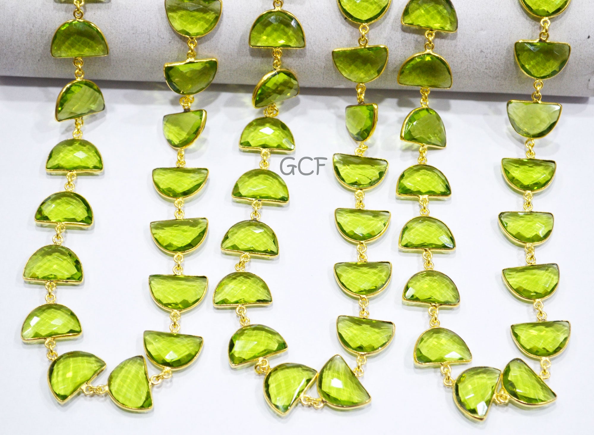 Peridot Hydro Quartz Faceted Half Moon Shape Connector Chain , Peridot Hydro Glass Half Moon Shape Bezel Link Chain , 13x19 mm , RB-7086