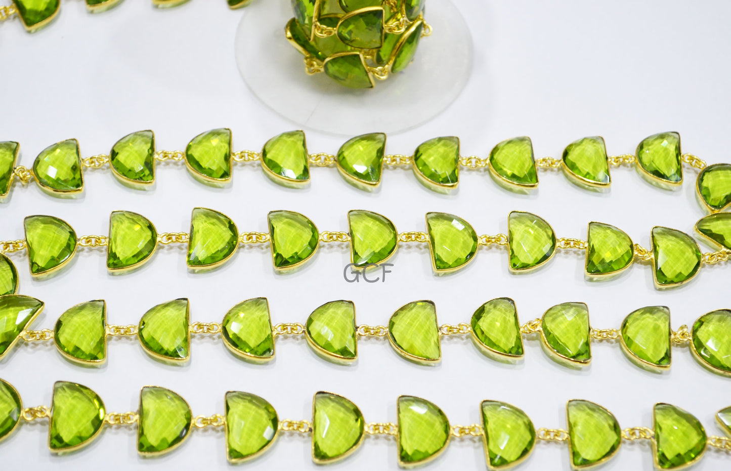 Peridot Hydro Quartz Faceted Half Moon Shape Connector Chain , Peridot Hydro Glass Half Moon Shape Bezel Link Chain , 13x19 mm , RB-7086