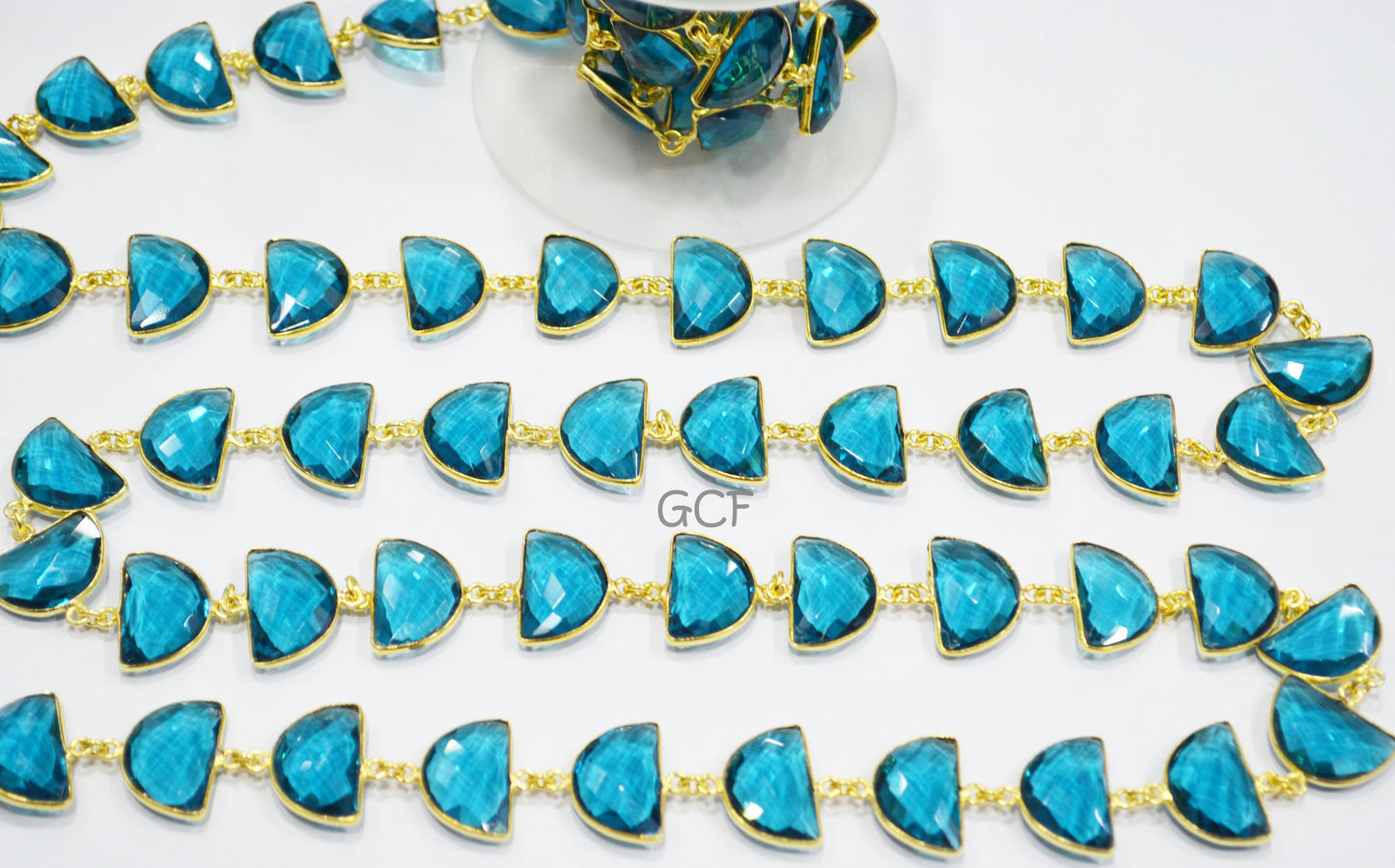 Teal Green Hydro Quartz Faceted Half Moon Shape Connector Chain , Teal Green Hydro Quartz Bezel Link Chain , 13x19 mm , RB-7087