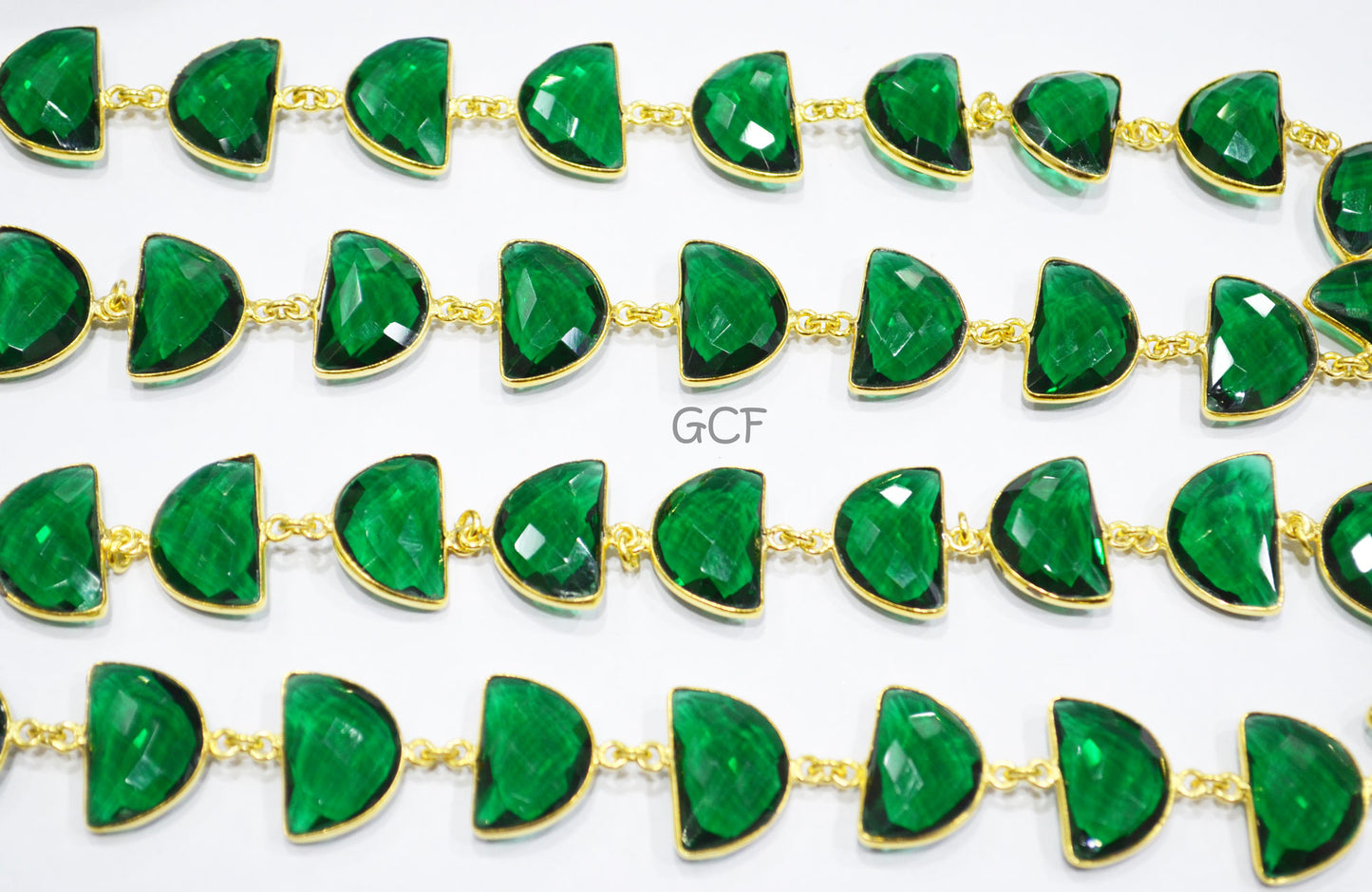 Emerald Hydro Quartz Faceted Half Moon Shape Connector Chain , Emerald Hydro Glass Half Moon Shape Bezel Link Chain , 13x19 mm , RB-7088