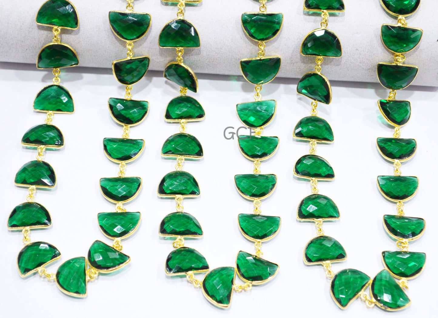 Emerald Hydro Quartz Faceted Half Moon Shape Connector Chain , Emerald Hydro Glass Half Moon Shape Bezel Link Chain , 13x19 mm , RB-7088