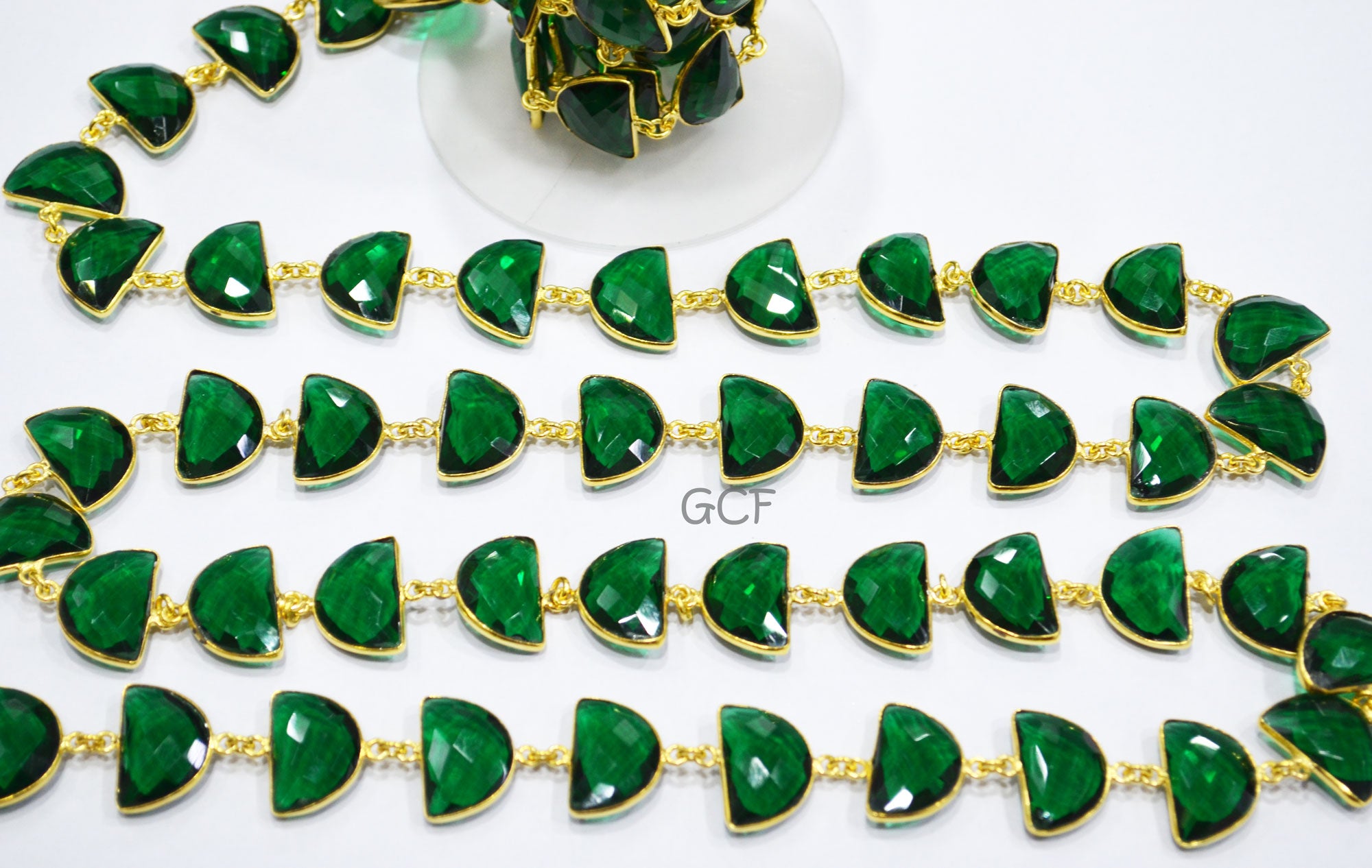 Emerald Hydro Quartz Faceted Half Moon Shape Connector Chain , Emerald Hydro Glass Half Moon Shape Bezel Link Chain , 13x19 mm , RB-7088