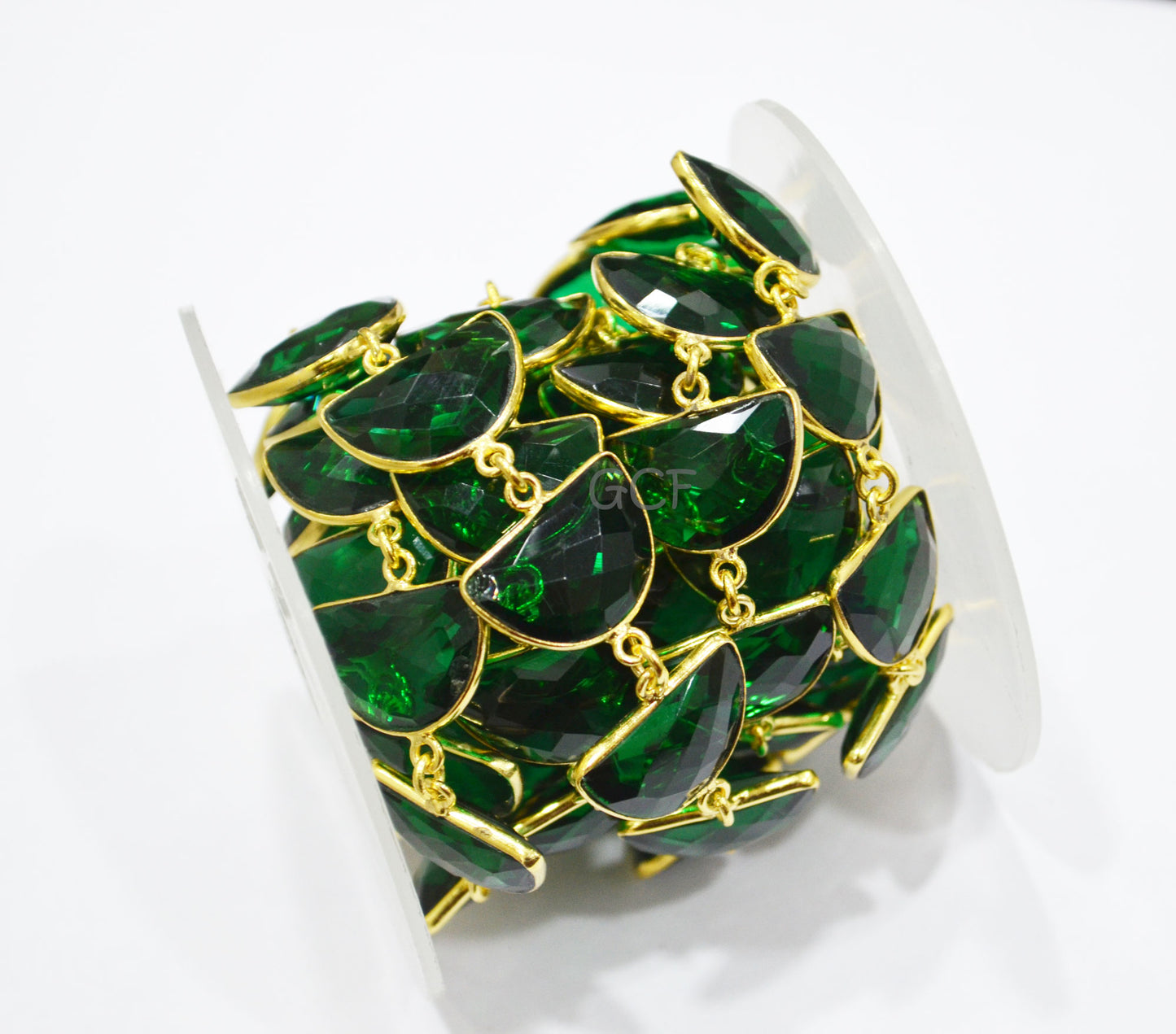 Emerald Hydro Quartz Faceted Half Moon Shape Connector Chain , Emerald Hydro Glass Half Moon Shape Bezel Link Chain , 13x19 mm , RB-7088