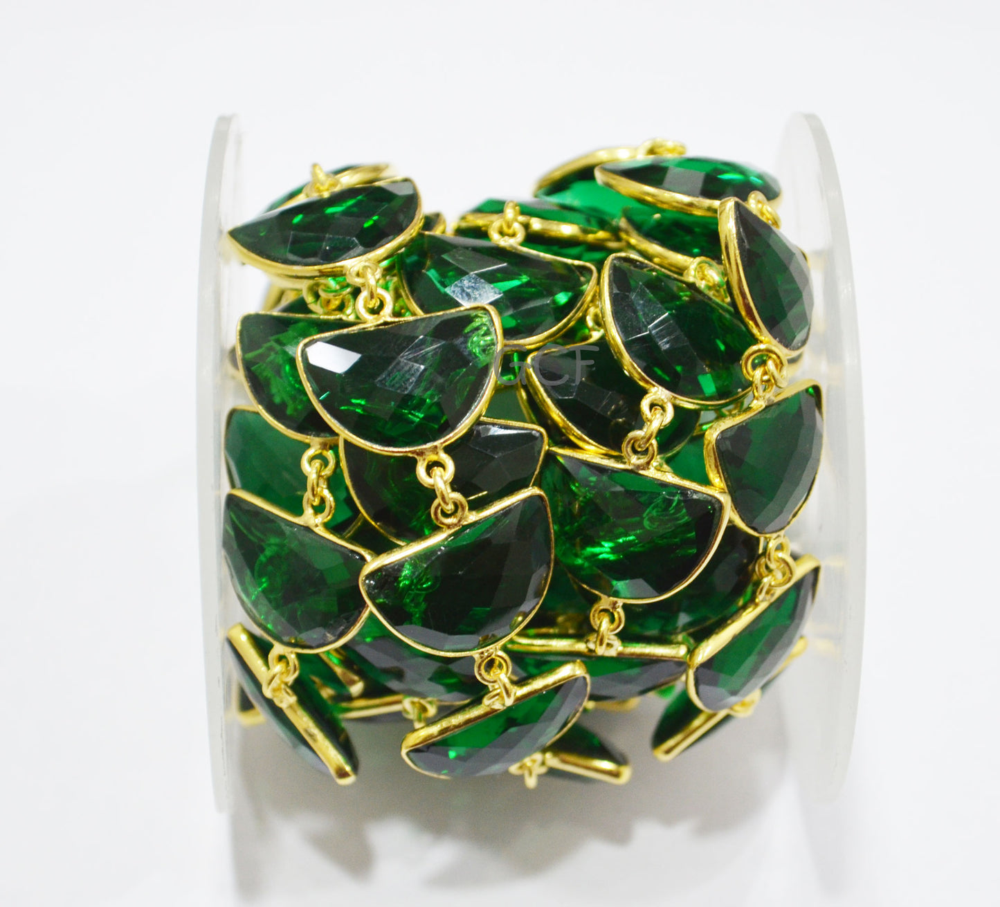 Emerald Hydro Quartz Faceted Half Moon Shape Connector Chain , Emerald Hydro Glass Half Moon Shape Bezel Link Chain , 13x19 mm , RB-7088