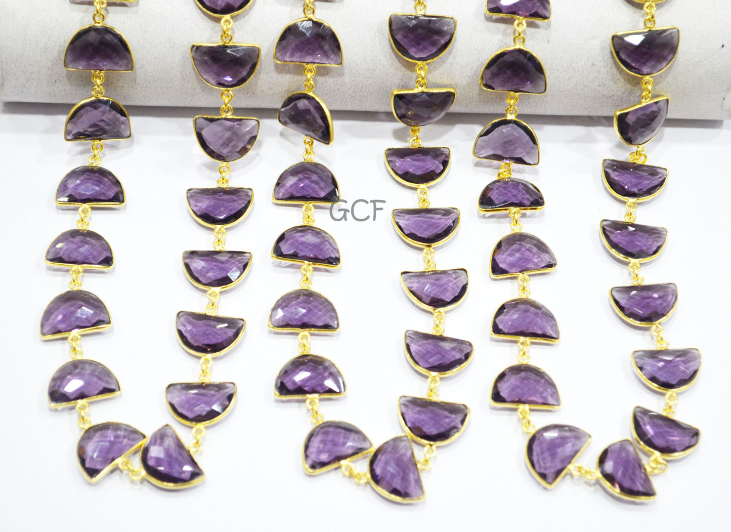 Grape Slush Hydro Quartz Faceted Half Moon Shape Connector Chain , Grape Slush Hydro Quartz Bezel Link Chain , 13x19 mm , RB-7089