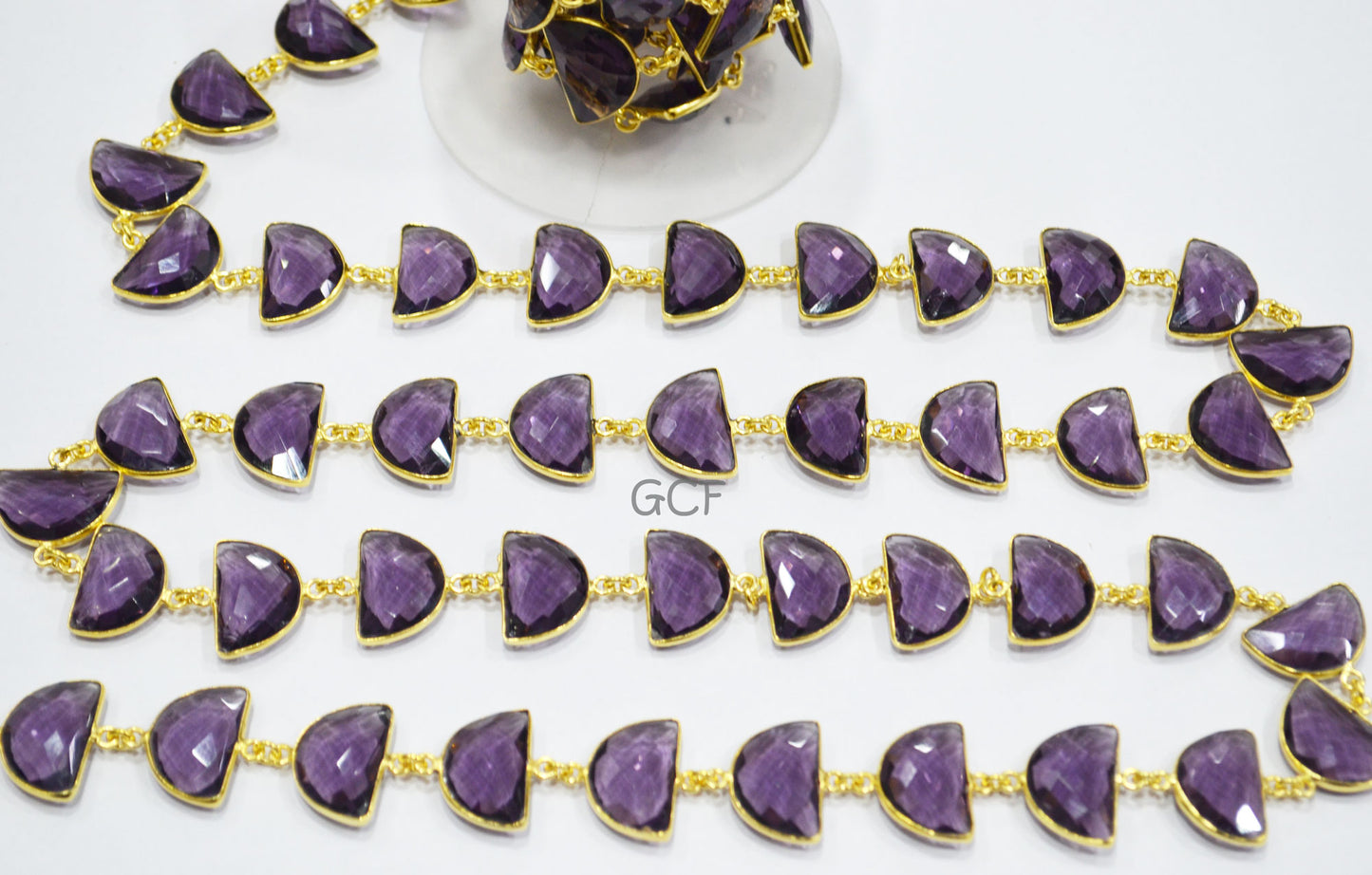 Grape Slush Hydro Quartz Faceted Half Moon Shape Connector Chain , Grape Slush Hydro Quartz Bezel Link Chain , 13x19 mm , RB-7089