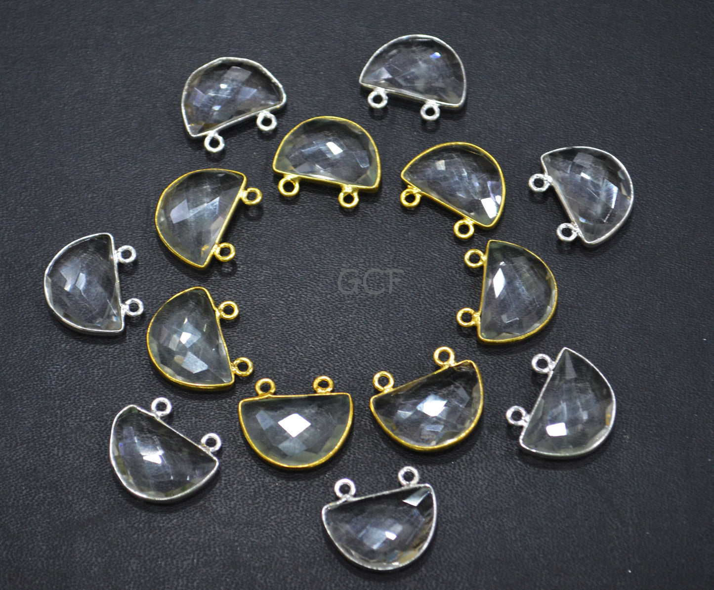 Crystal Hydro Quartz Faceted Half Moon Shape Connector ,Crystal Hydro Quartz Double Bail Bezel Connector ,Sold By Piece , 13x19 mm , RB-7094