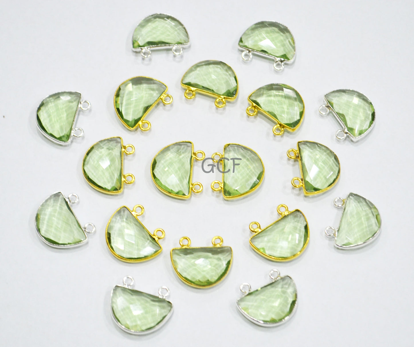 Green Amethyst Hydro Glass Half Moon Shape Connector , Green Amethyst Faceted Double Bail Connector , Sold By Piece , 13x19 mm , RB-7098