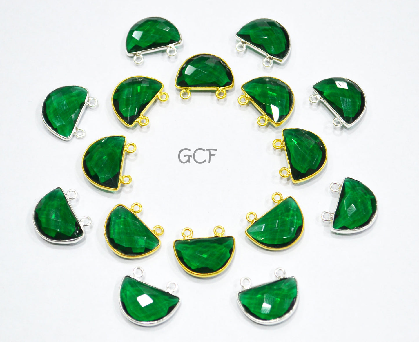 Emerald Hydro Quartz Faceted Half Moon Shape Connector , Emerald Hydro Glass Double Bail Connector , Sold By Piece , 13x19 mm , RB-7099