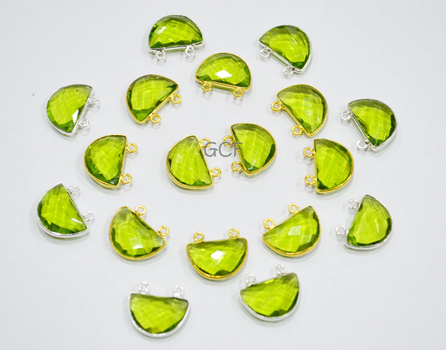 Peridot Hydro Quartz Faceted Half Moon Shape Connector , Peridot Hydro Glass Double Bail Connector , Sold By Piece , 13x19 mm , RB-7100