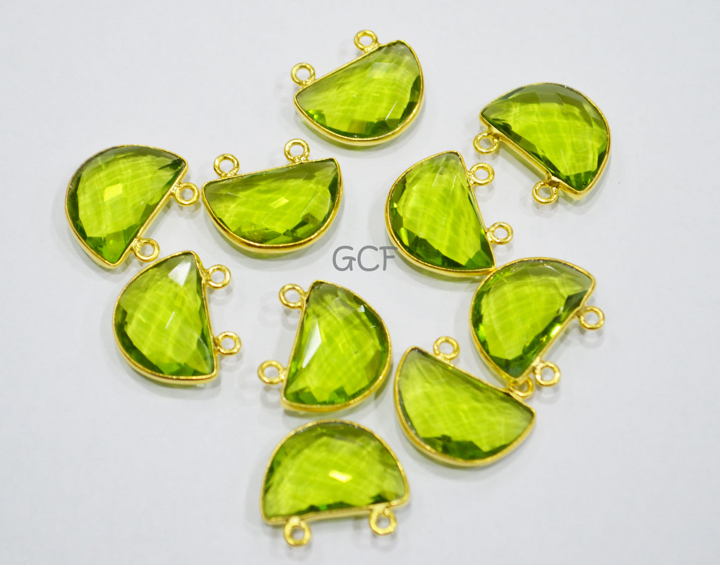 Peridot Hydro Quartz Faceted Half Moon Shape Connector , Peridot Hydro Glass Double Bail Connector , Sold By Piece , 13x19 mm , RB-7100