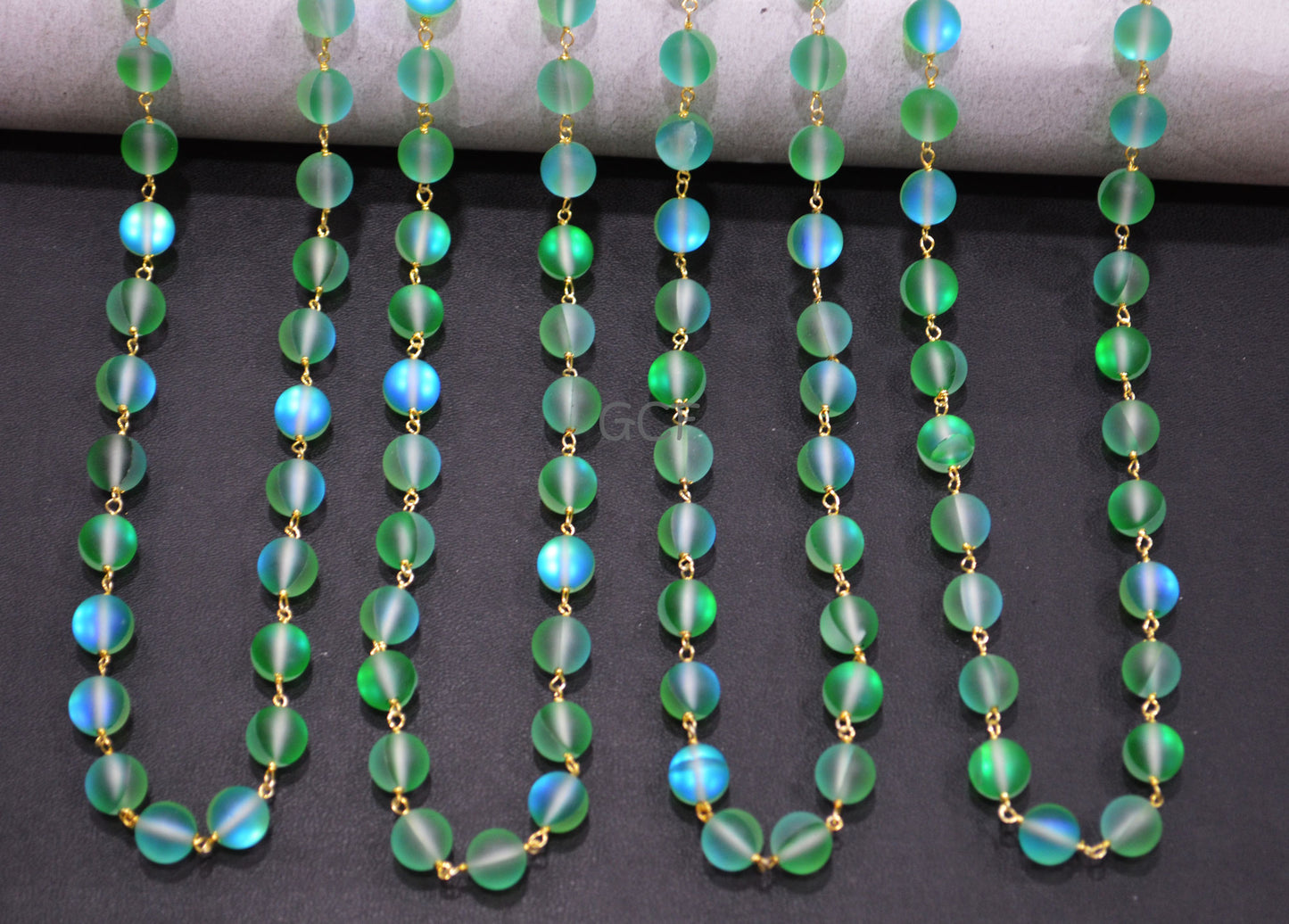 Green Doublet Hydro Glass Smooth Rosary Beaded Chain , Green Doublet Hydro Glass Round Shape Wire Wrapped Chain , 8 mm , RB-7101