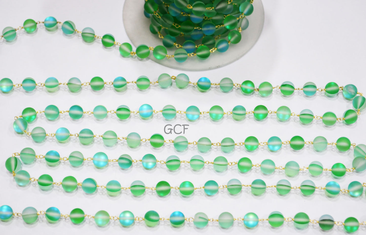 Green Doublet Hydro Glass Smooth Rosary Beaded Chain , Green Doublet Hydro Glass Round Shape Wire Wrapped Chain , 8 mm , RB-7101