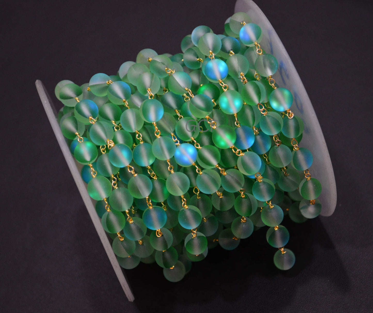 Green Doublet Hydro Glass Smooth Rosary Beaded Chain , Green Doublet Hydro Glass Round Shape Wire Wrapped Chain , 8 mm , RB-7101