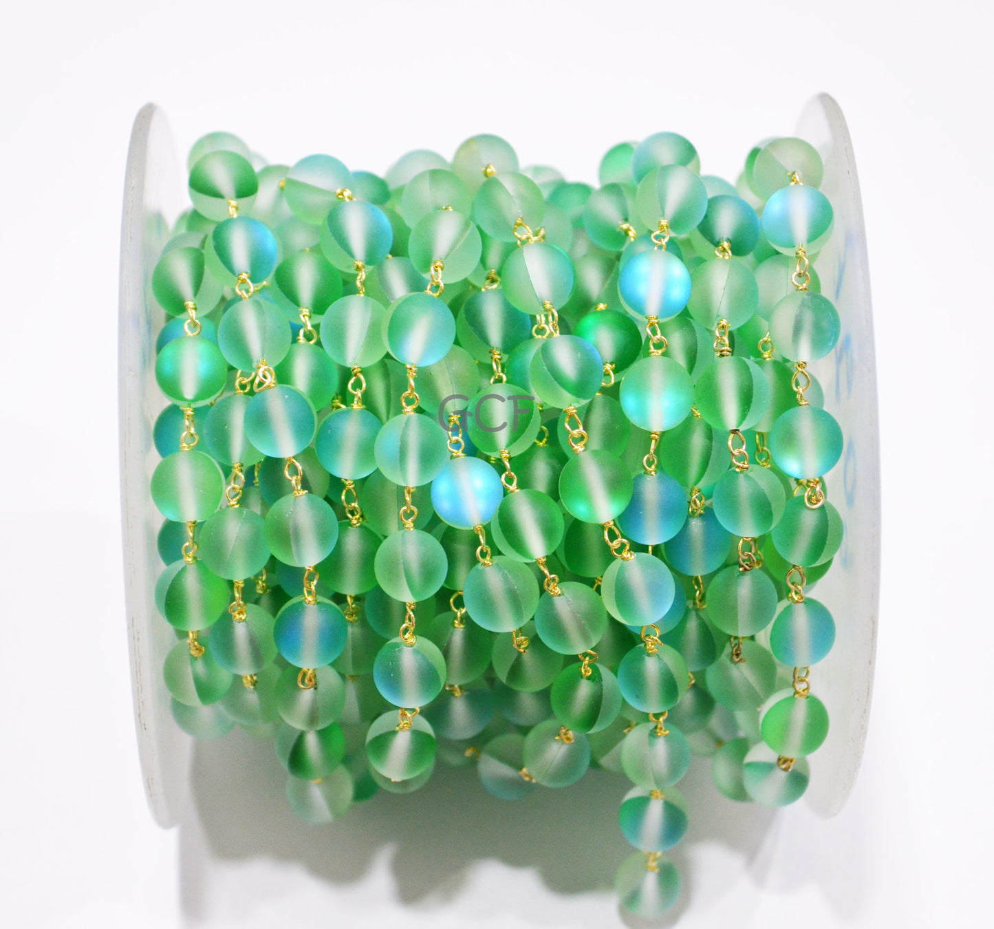 Green Doublet Hydro Glass Smooth Rosary Beaded Chain , Green Doublet Hydro Glass Round Shape Wire Wrapped Chain , 8 mm , RB-7101