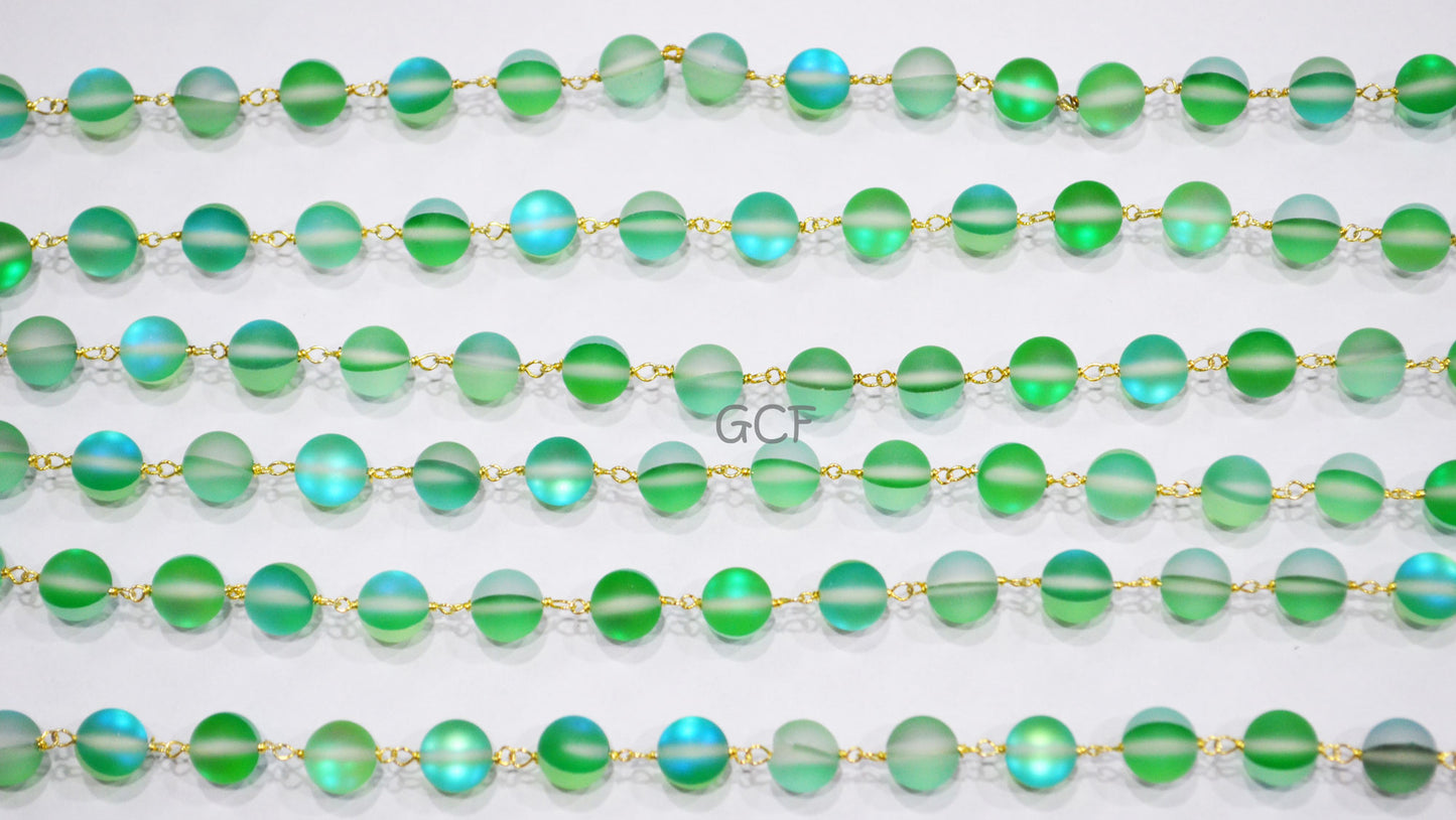 Green Doublet Hydro Glass Smooth Rosary Beaded Chain , Green Doublet Hydro Glass Round Shape Wire Wrapped Chain , 8 mm , RB-7101