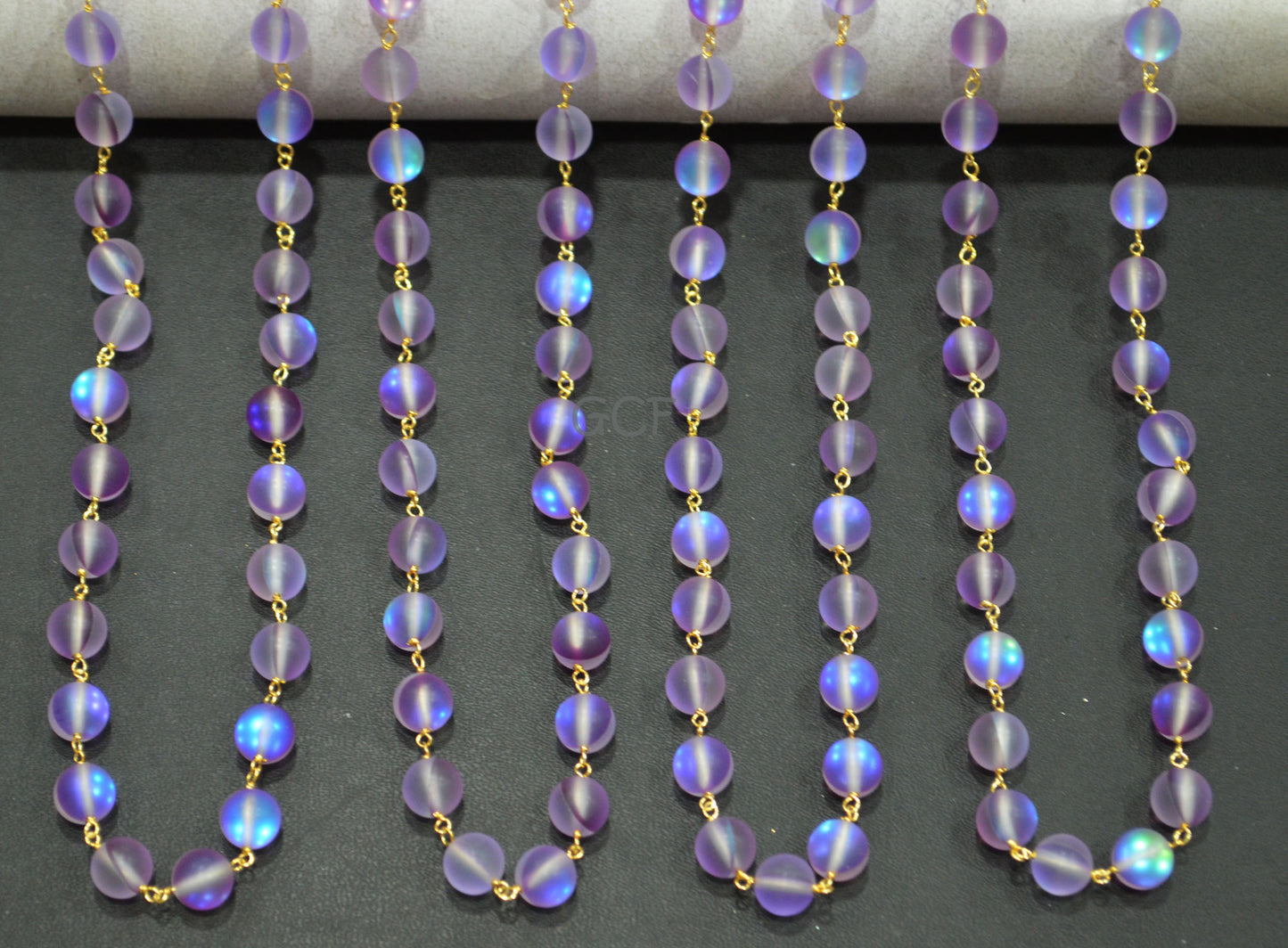 Pink Amethyst Moonstone Doublet Hydro Glass Smooth Rosary Chain , Pink Amethyst Moonstone Round Shape Wire Wrapped Chain , 8 mm , RB-7102