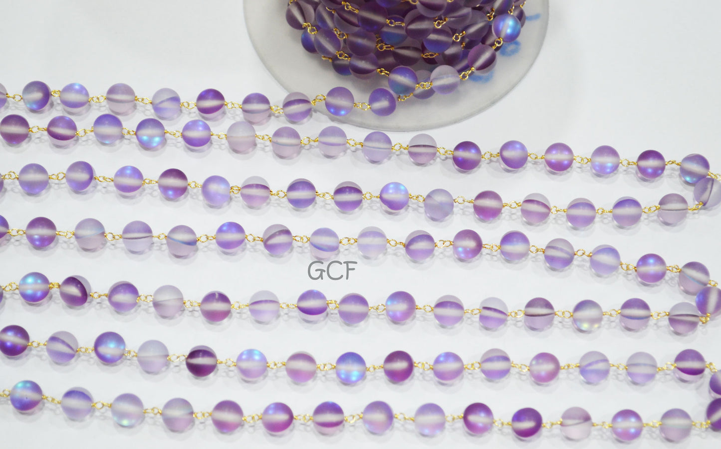 Pink Amethyst Moonstone Doublet Hydro Glass Smooth Rosary Chain , Pink Amethyst Moonstone Round Shape Wire Wrapped Chain , 8 mm , RB-7102