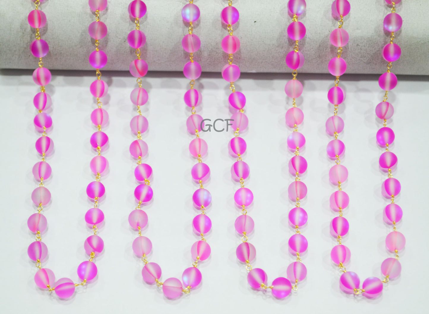 Hot Pink Doublet Hydro Glass Smooth Rosary Beaded Chain , Hot Pink Doublet Hydro Glass Round Shape Wire Wrapped Chain , 8 mm , RB-7103
