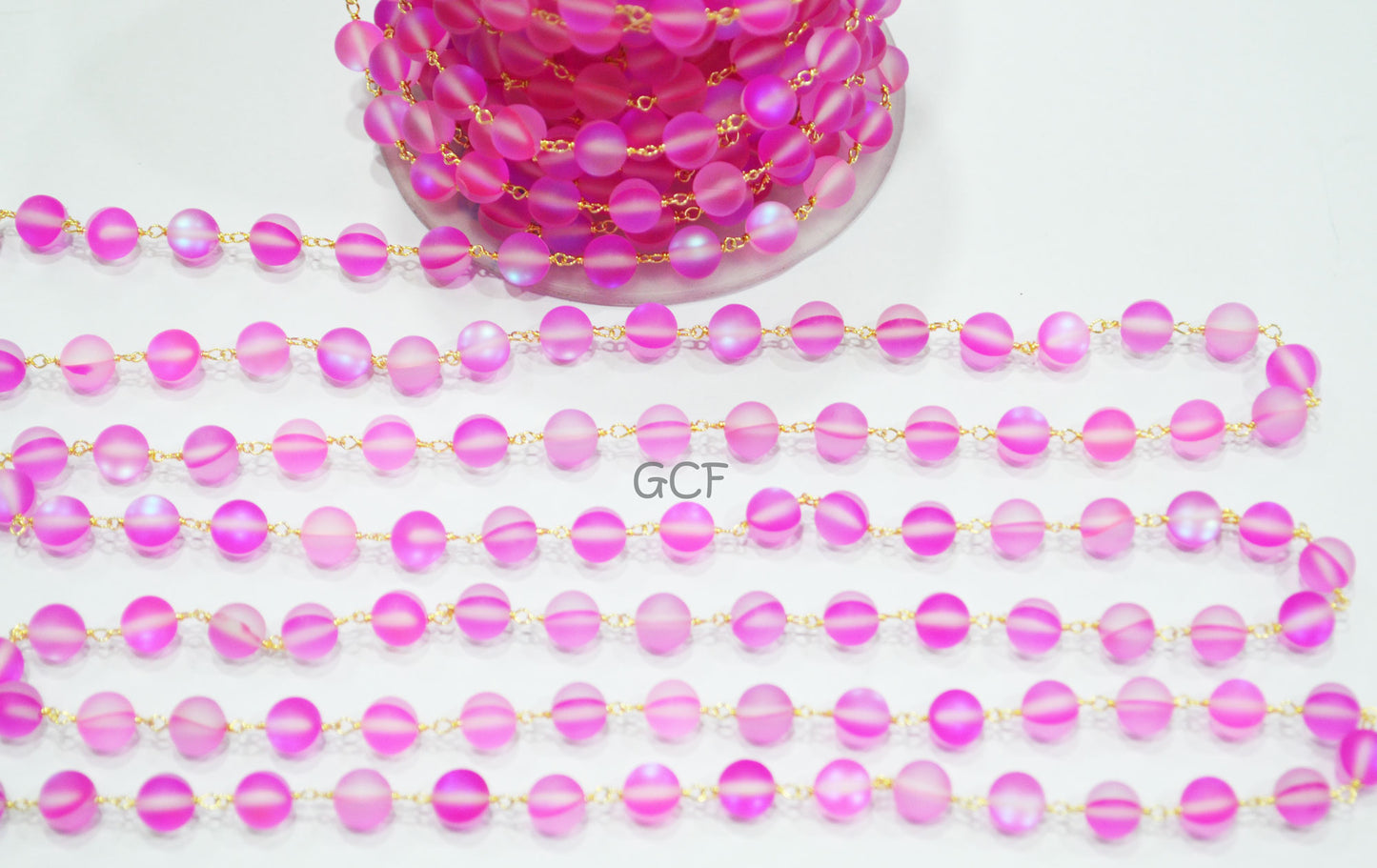 Hot Pink Doublet Hydro Glass Smooth Rosary Beaded Chain , Hot Pink Doublet Hydro Glass Round Shape Wire Wrapped Chain , 8 mm , RB-7103