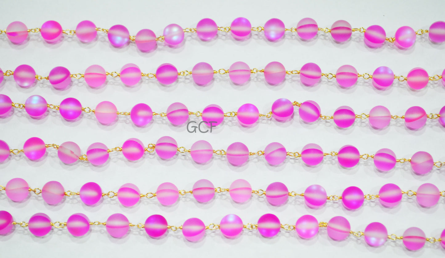 Hot Pink Doublet Hydro Glass Smooth Rosary Beaded Chain , Hot Pink Doublet Hydro Glass Round Shape Wire Wrapped Chain , 8 mm , RB-7103