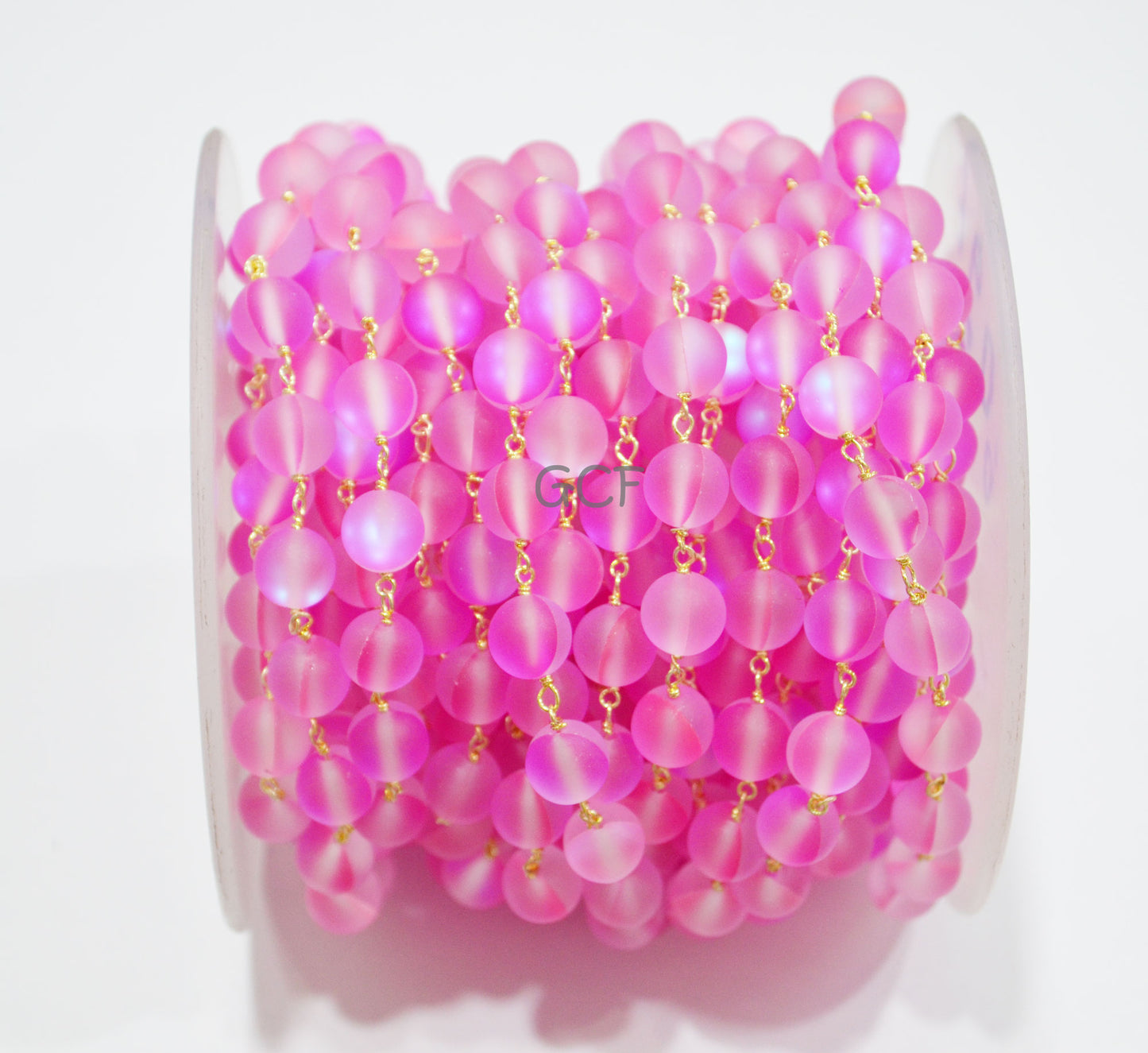 Hot Pink Doublet Hydro Glass Smooth Rosary Beaded Chain , Hot Pink Doublet Hydro Glass Round Shape Wire Wrapped Chain , 8 mm , RB-7103