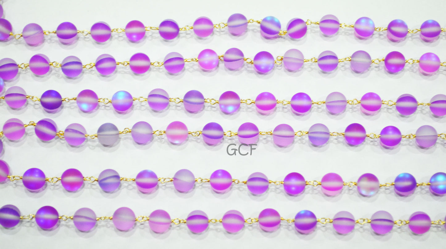 Lavender Moonstone Doublet Hydro Glass Smooth Rosary Chain , Lavender Moonstone Doublet Round Shape Wire Wrapped Chain , 8 mm , RB-7104