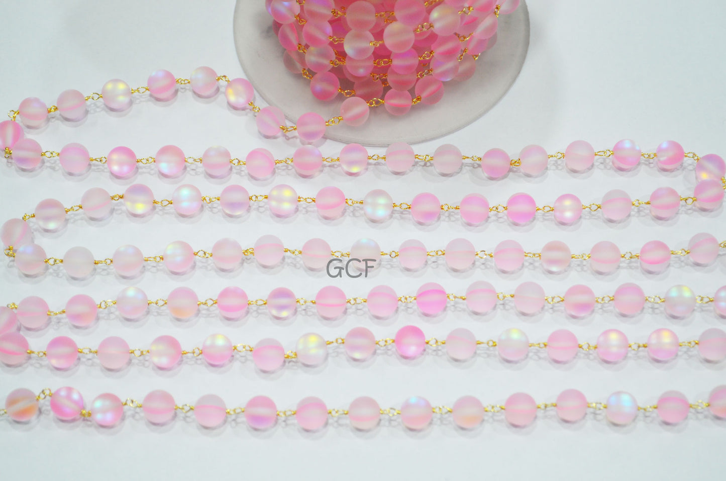 Pink Doublet Hydro Glass Smooth Rosary Beaded Chain , Pink Doublet Hydro Glass Round Shape Wire Wrapped Chain , 8 mm , RB-7105