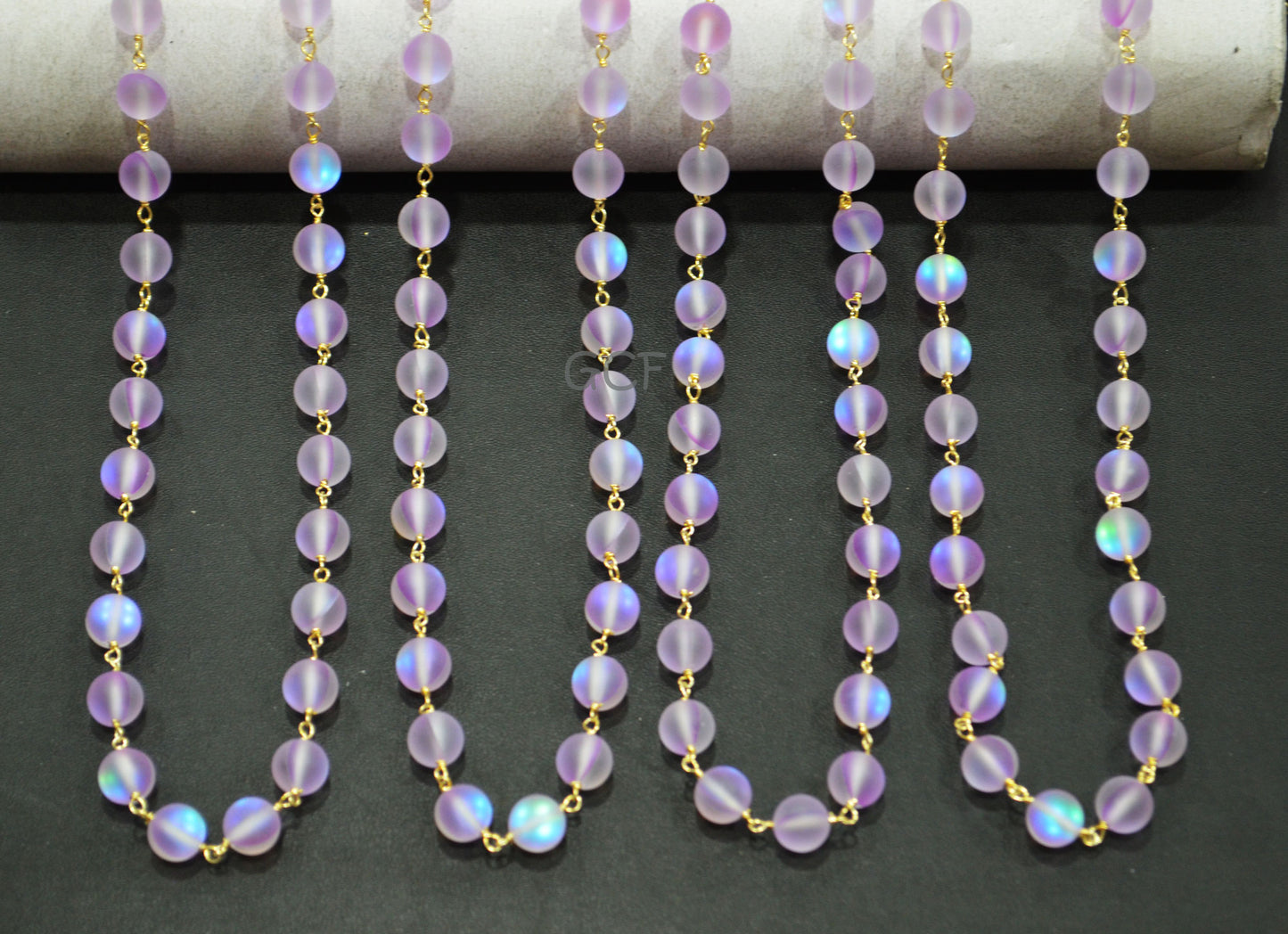 Lilac Moonstone Doublet Hydro Glass Smooth Rosary Chain , Lilac Moonstone Doublet Round Shape Wire Wrapped Chain , 8 mm , RB-7106
