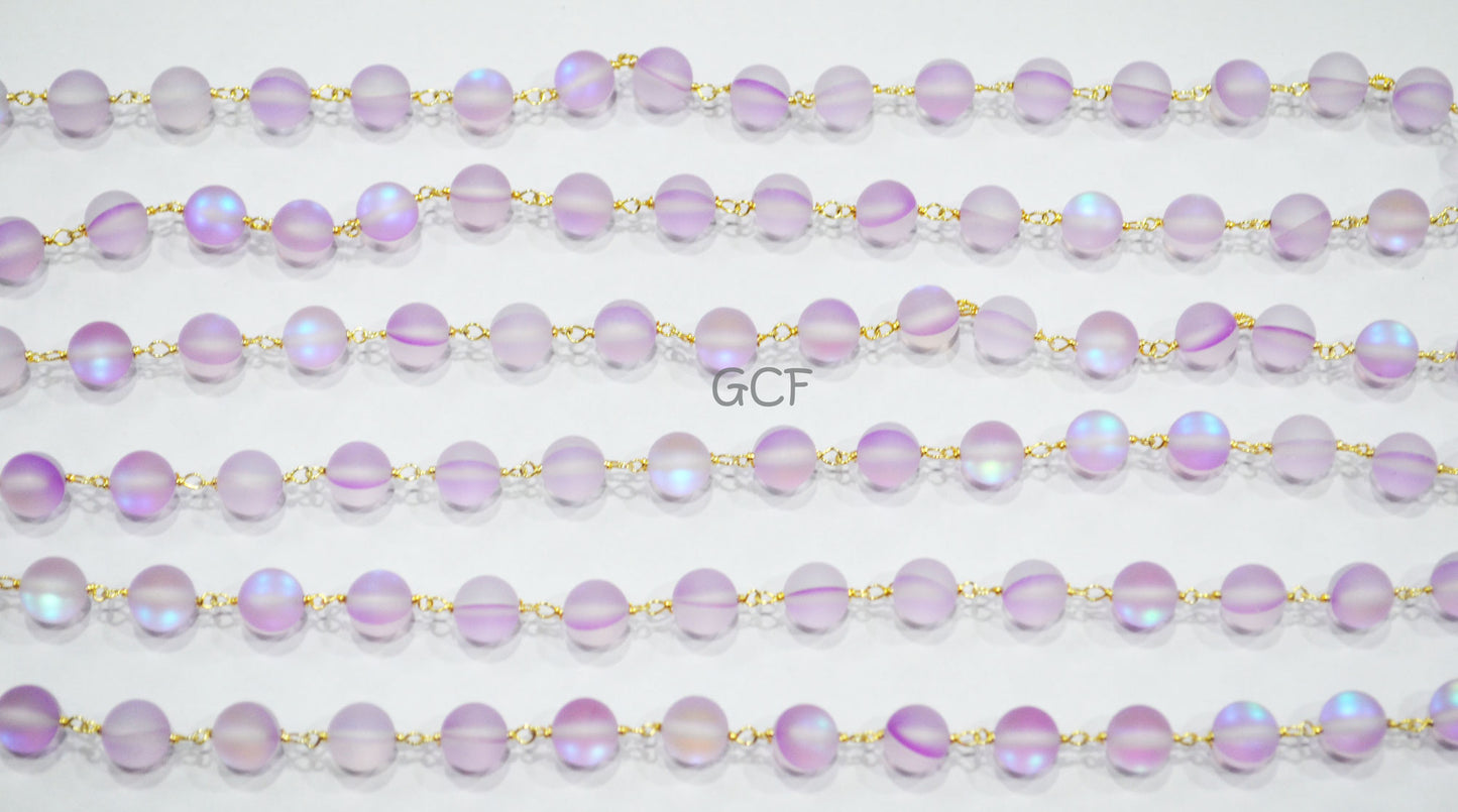 Lilac Moonstone Doublet Hydro Glass Smooth Rosary Chain , Lilac Moonstone Doublet Round Shape Wire Wrapped Chain , 8 mm , RB-7106