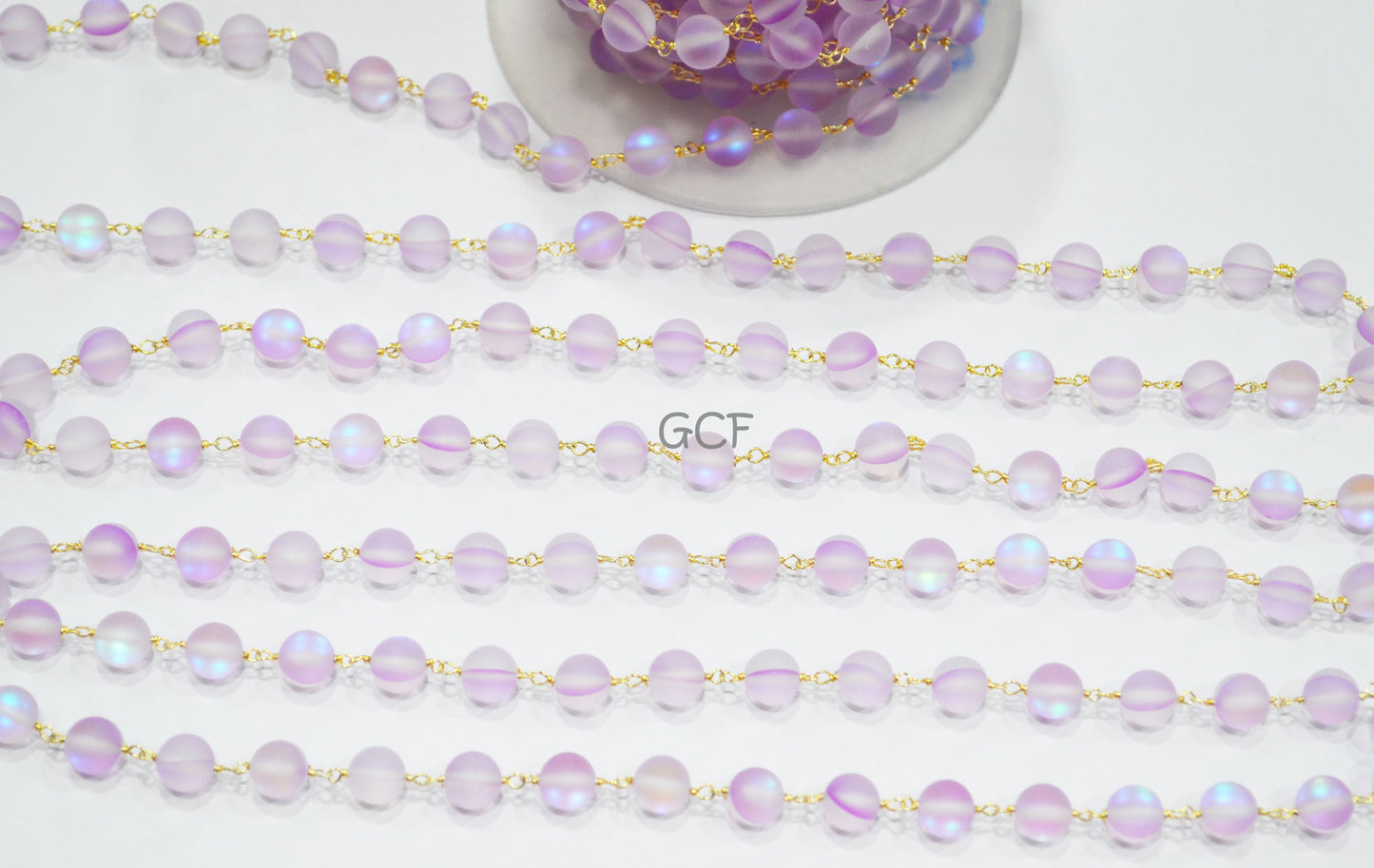 Lilac Moonstone Doublet Hydro Glass Smooth Rosary Chain , Lilac Moonstone Doublet Round Shape Wire Wrapped Chain , 8 mm , RB-7106