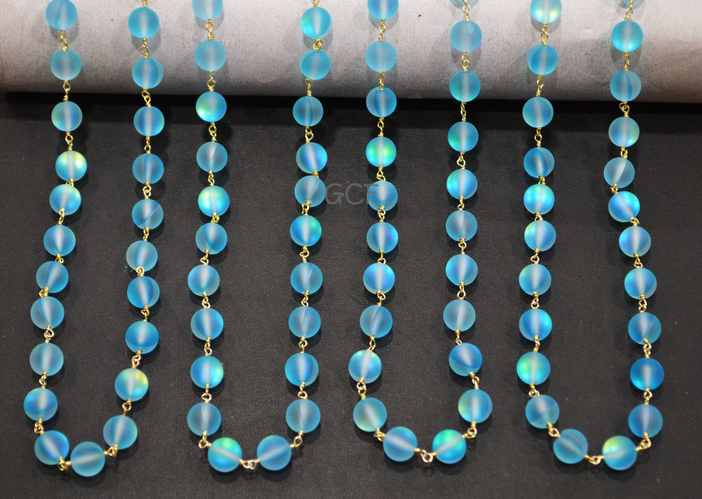 Aqua Blue Doublet Hydro Glass Smooth Rosary Beaded Chain , Aqua Blue Doublet Hydro Glass Round Shape Wire Wrapped Chain , 8 mm , RB-7107