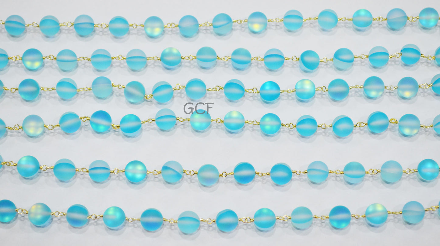 Aqua Blue Doublet Hydro Glass Smooth Rosary Beaded Chain , Aqua Blue Doublet Hydro Glass Round Shape Wire Wrapped Chain , 8 mm , RB-7107