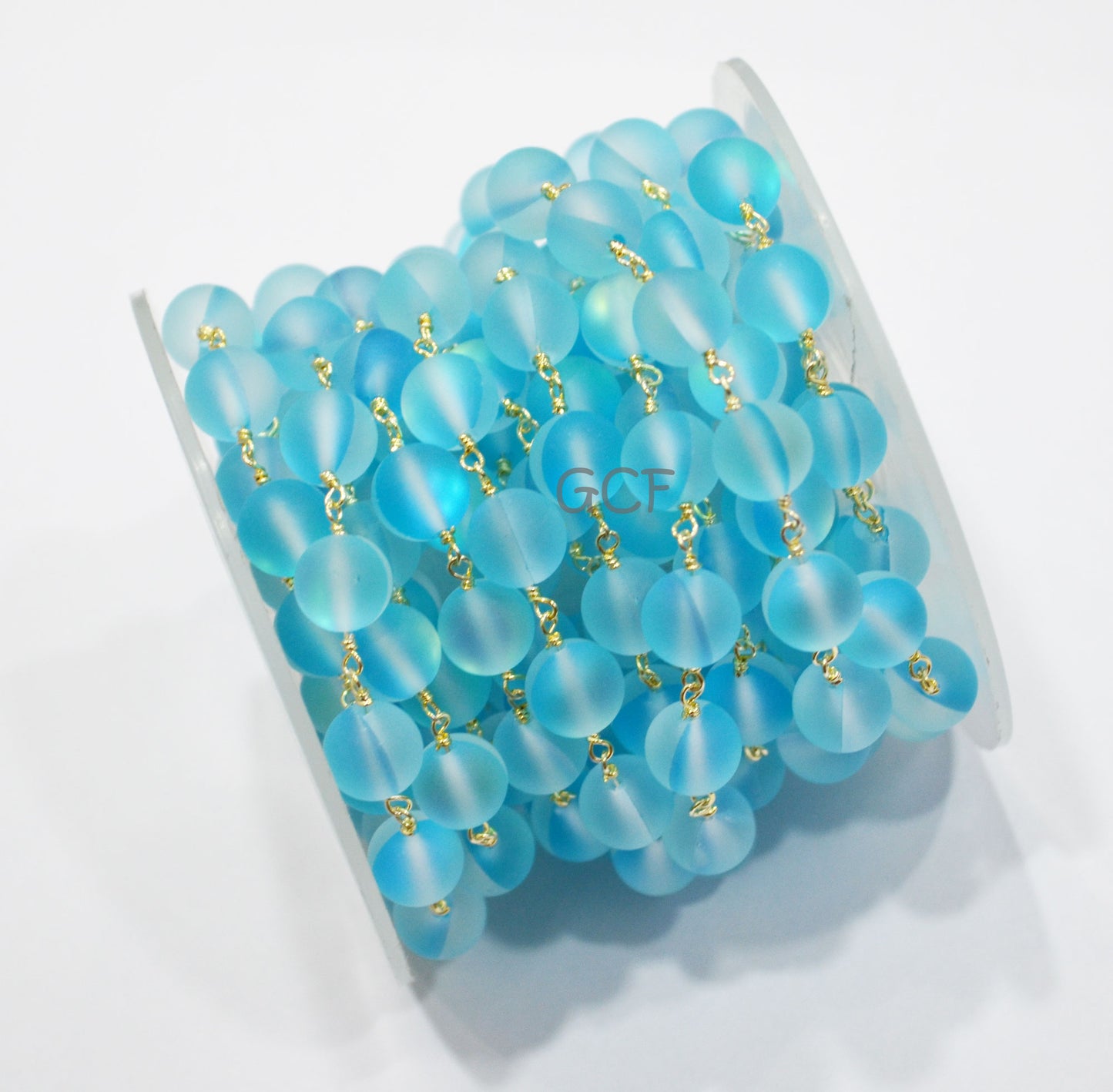 Aqua Blue Doublet Hydro Glass Smooth Rosary Beaded Chain , Aqua Blue Doublet Hydro Glass Round Shape Wire Wrapped Chain , 8 mm , RB-7107