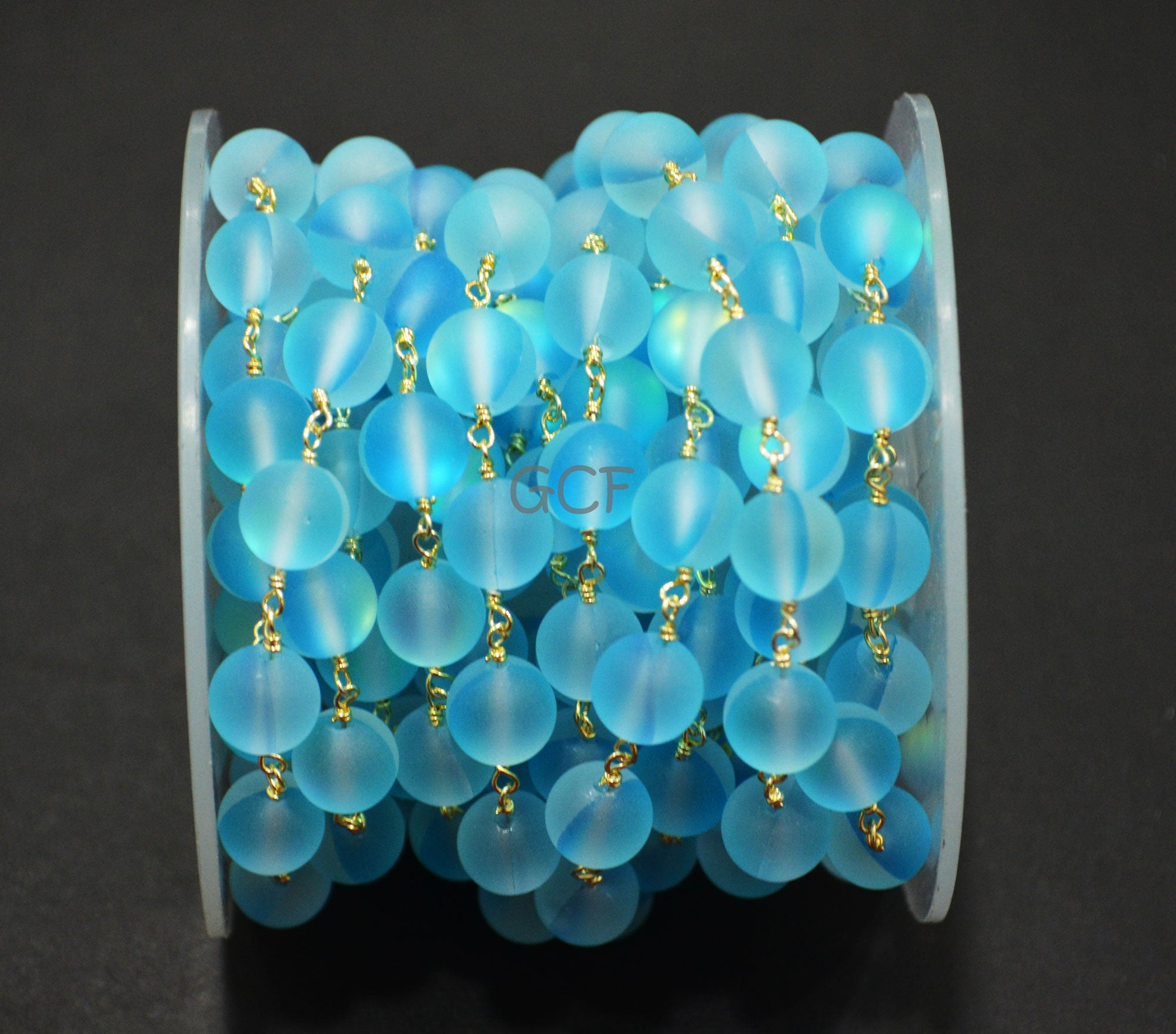 Aqua Blue Doublet Hydro Glass Smooth Rosary Beaded Chain , Aqua Blue Doublet Hydro Glass Round Shape Wire Wrapped Chain , 8 mm , RB-7107