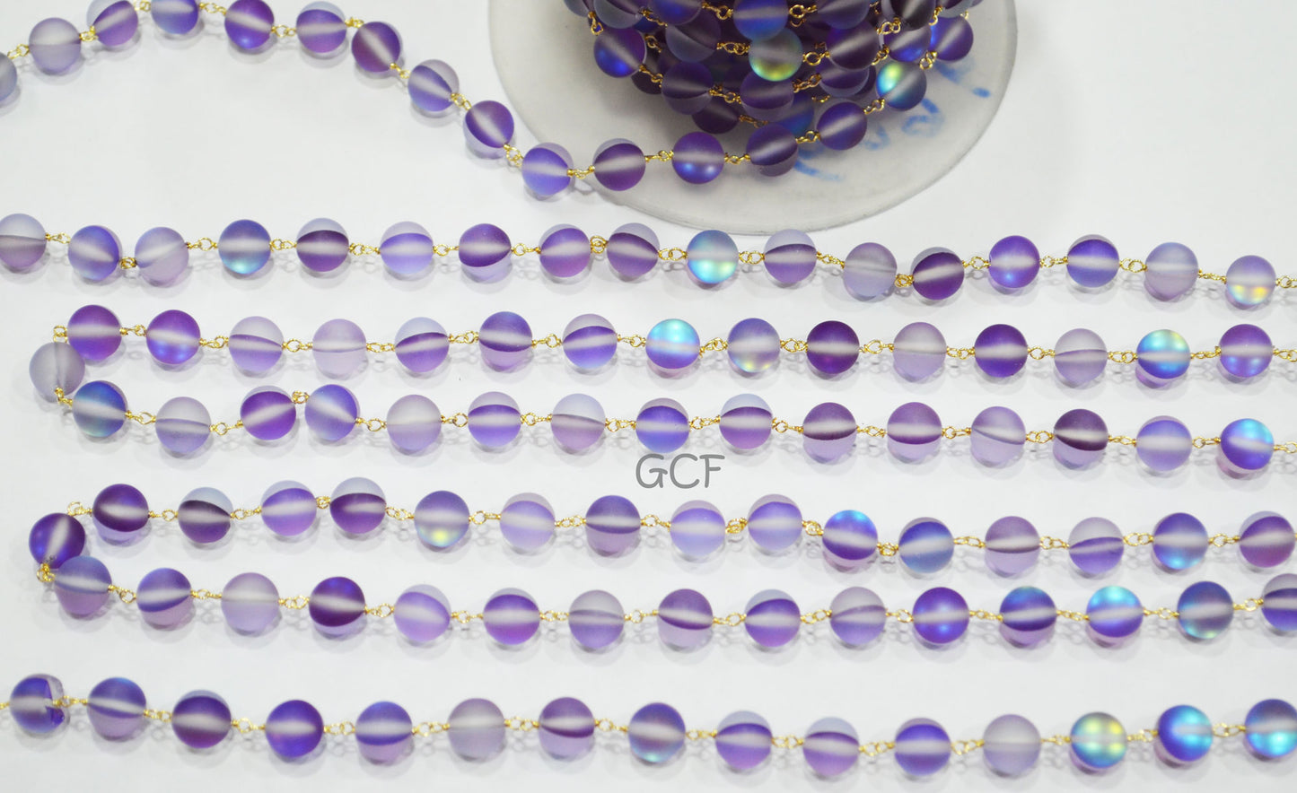 Amethyst Moonstone Doublet Hydro Glass Smooth Rosary Chain , Amethyst Moonstone Doublet Round Shape Wire Wrapped Chain , 8 mm , RB-7108