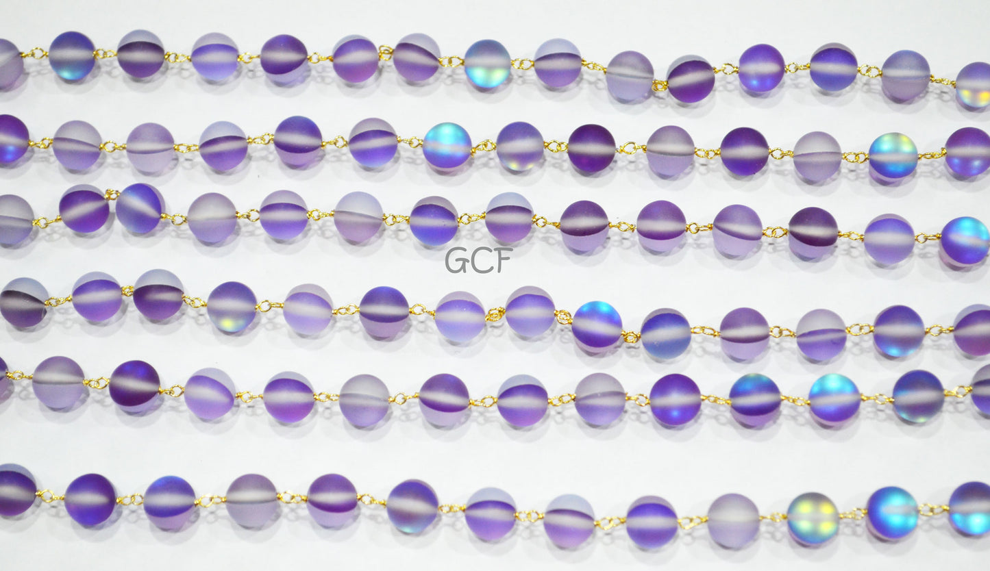 Amethyst Moonstone Doublet Hydro Glass Smooth Rosary Chain , Amethyst Moonstone Doublet Round Shape Wire Wrapped Chain , 8 mm , RB-7108