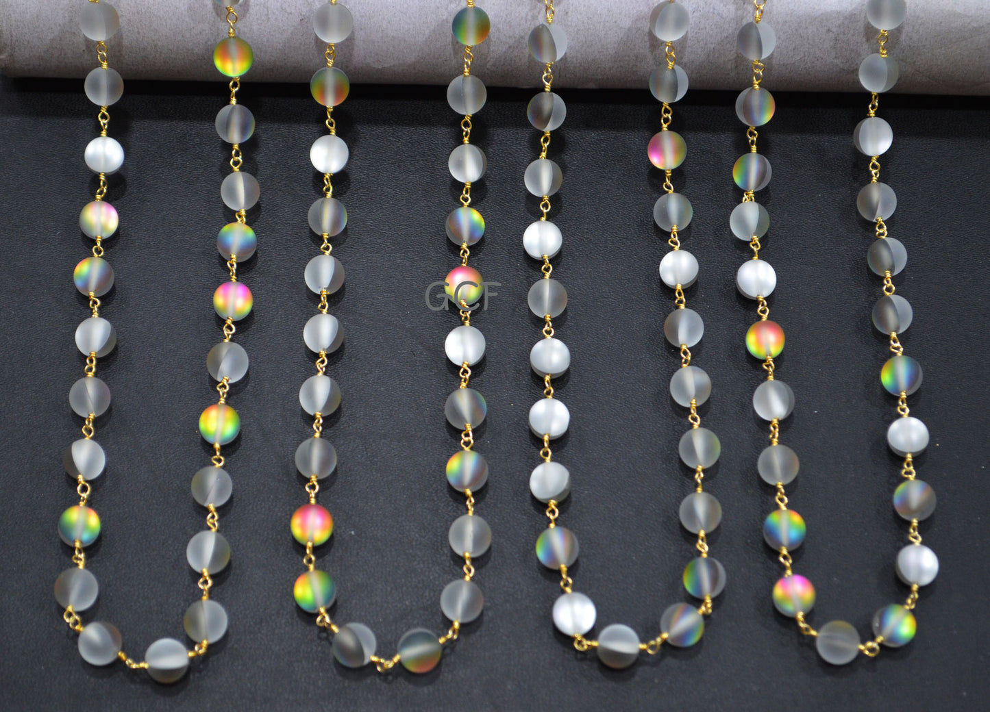 White And Grey Doublet Hydro Glass Smooth Rosary Chain , White And Grey Doublet Hydro Glass Round Shape Wire Wrapped Chain , 8 mm ,RB-7109